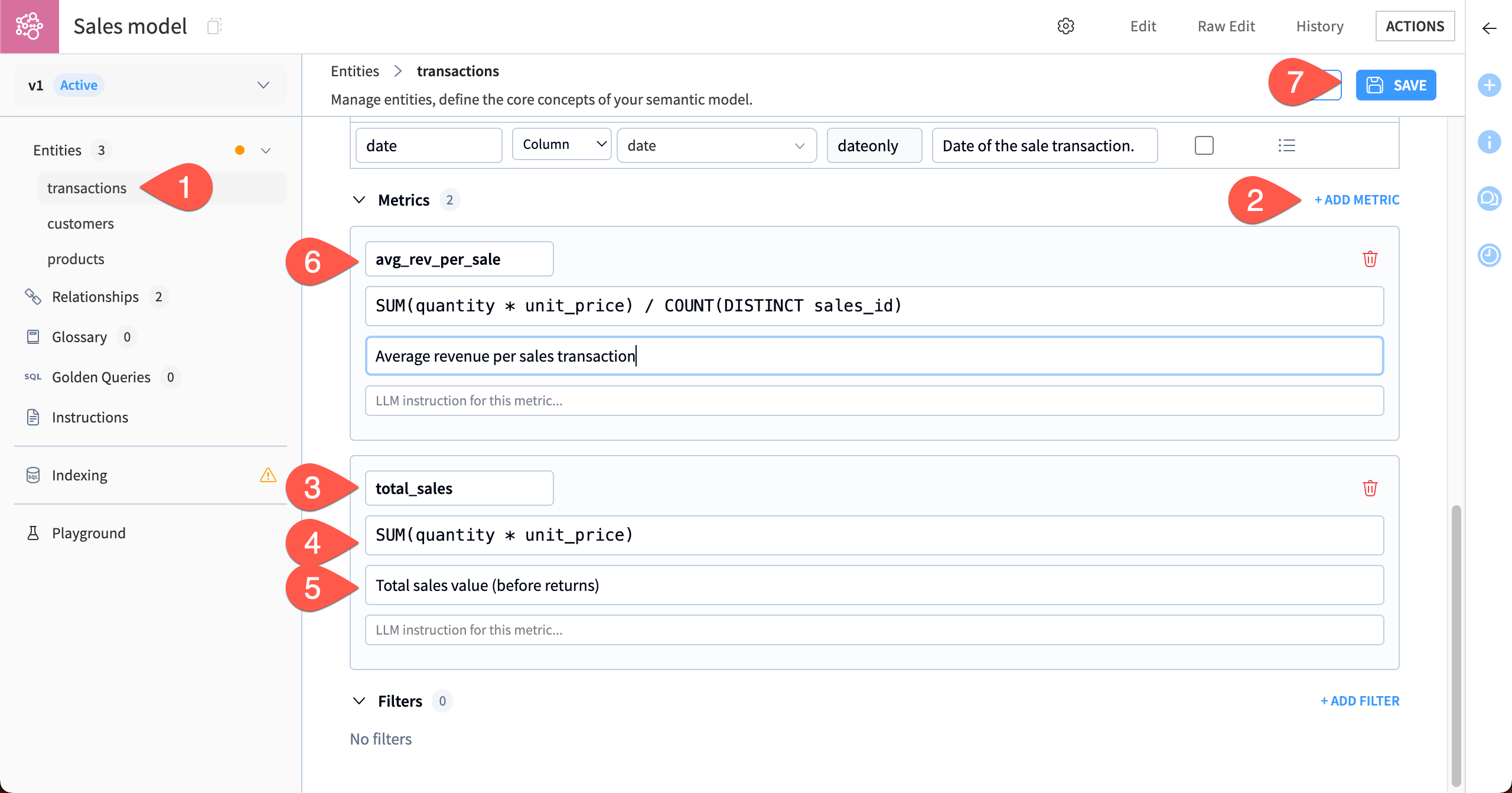 Screenshot showing steps to add metrics to an entity.