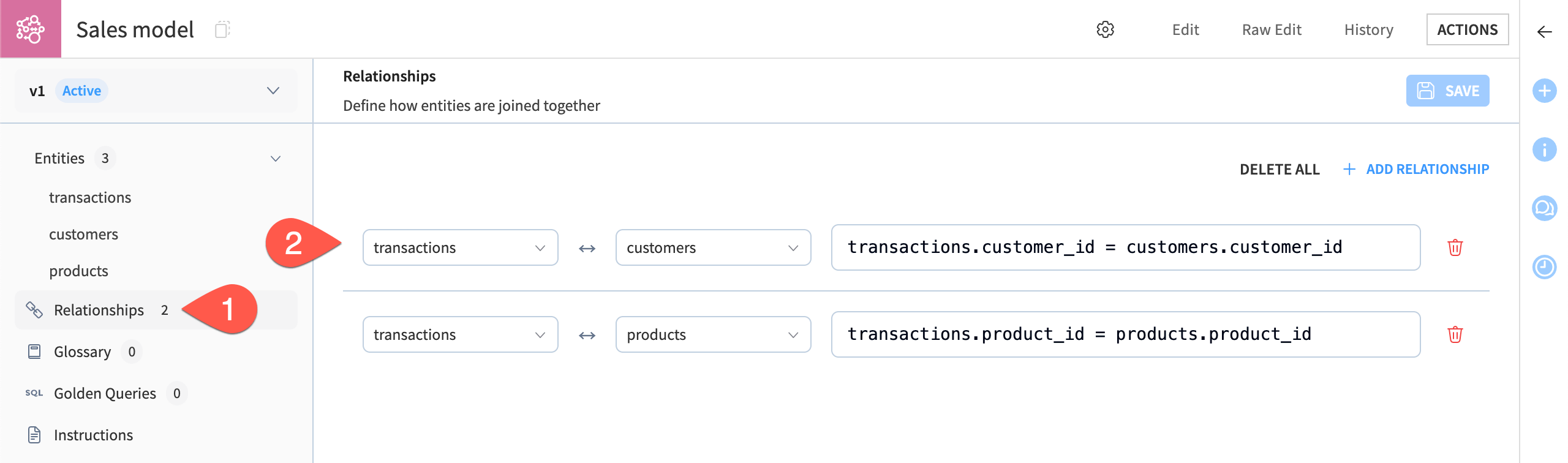 Screenshot showing steps to check or add relationships among the entities.
