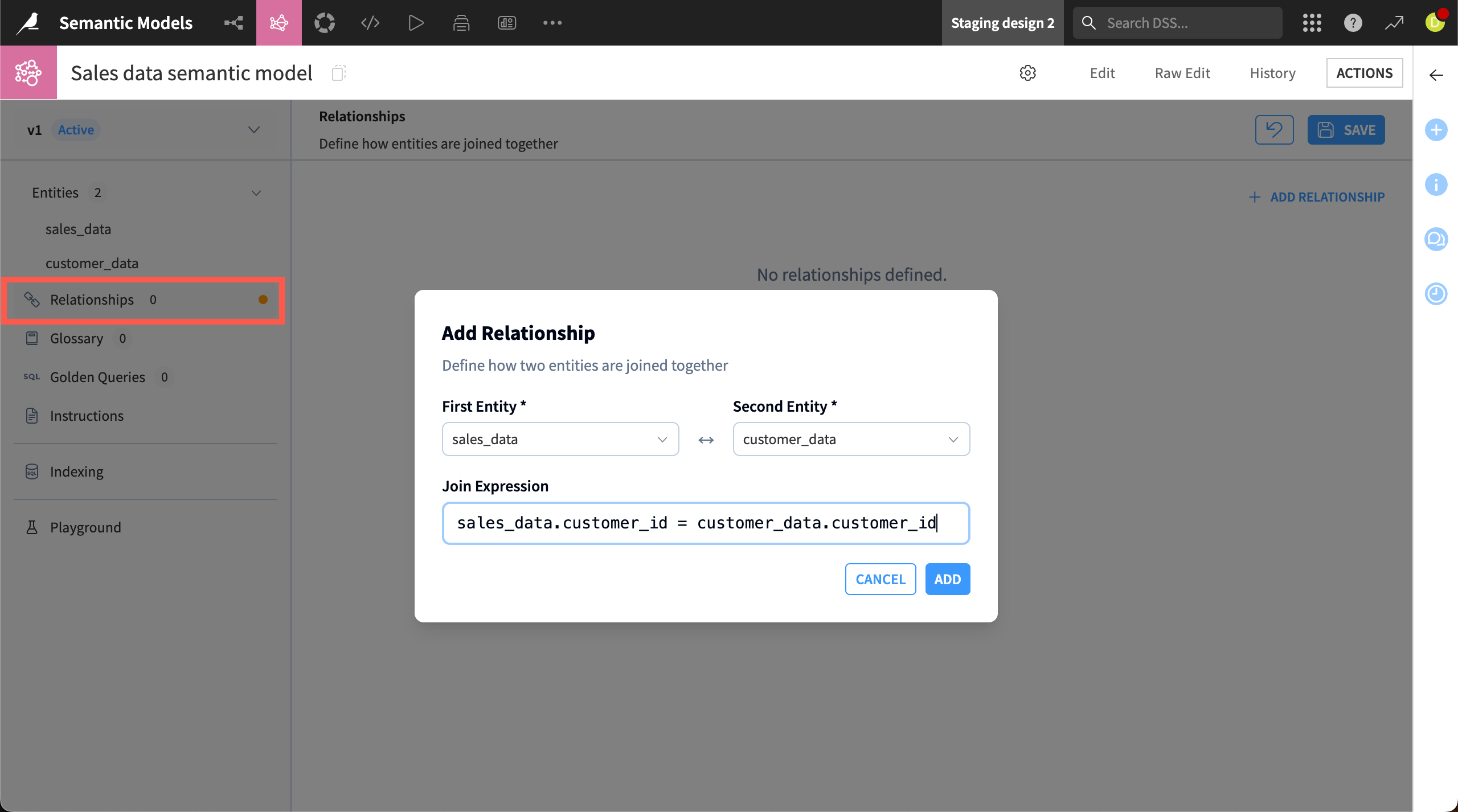 Screenshot of how to define a relationship between entities.