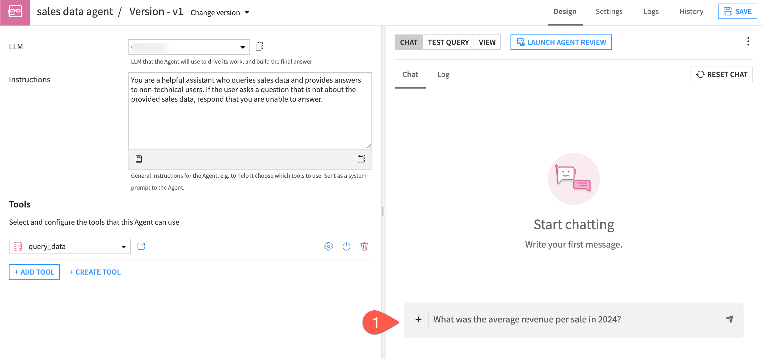 Screenshot showing steps to test the agent that uses the semantic model.