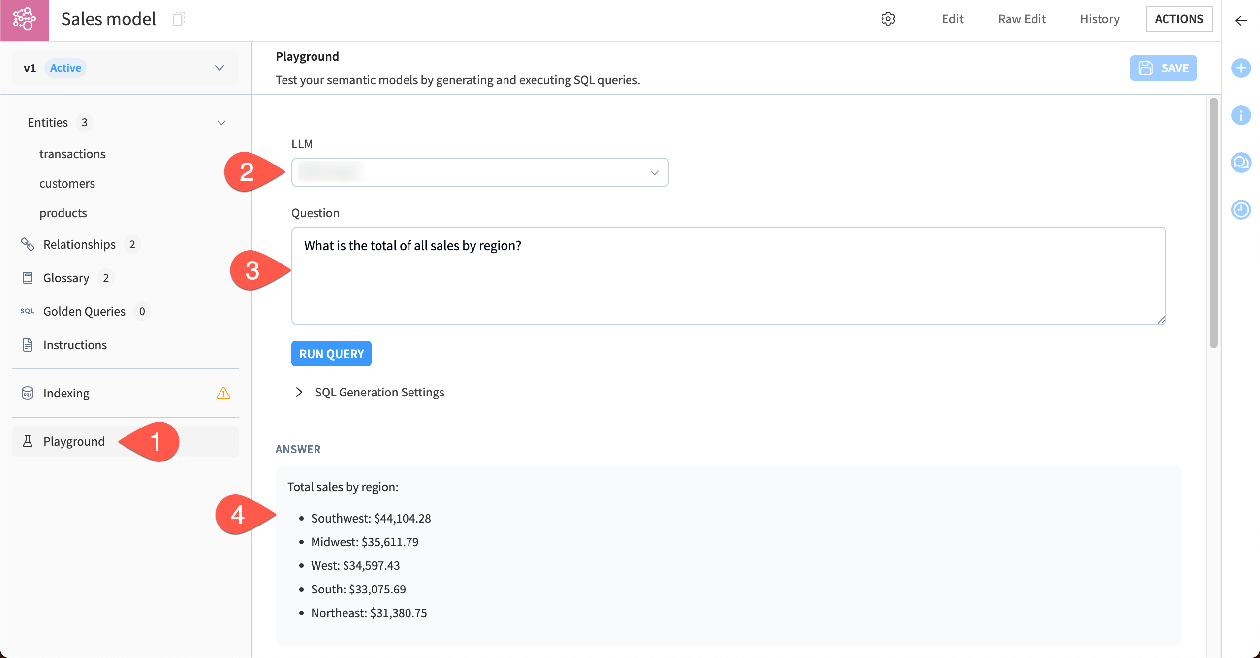 Screenshot showing steps to test a semantic model.
