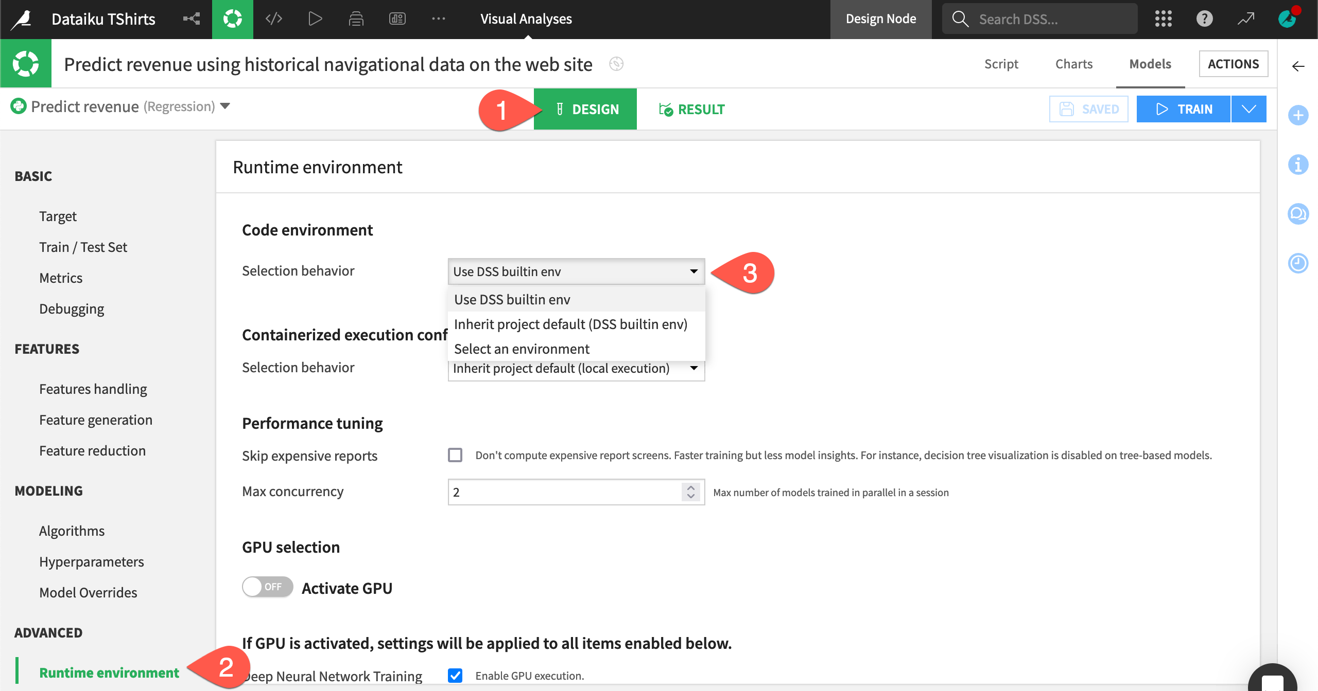 Dataiku screenshot of the Runtime environment panel of a visual model.