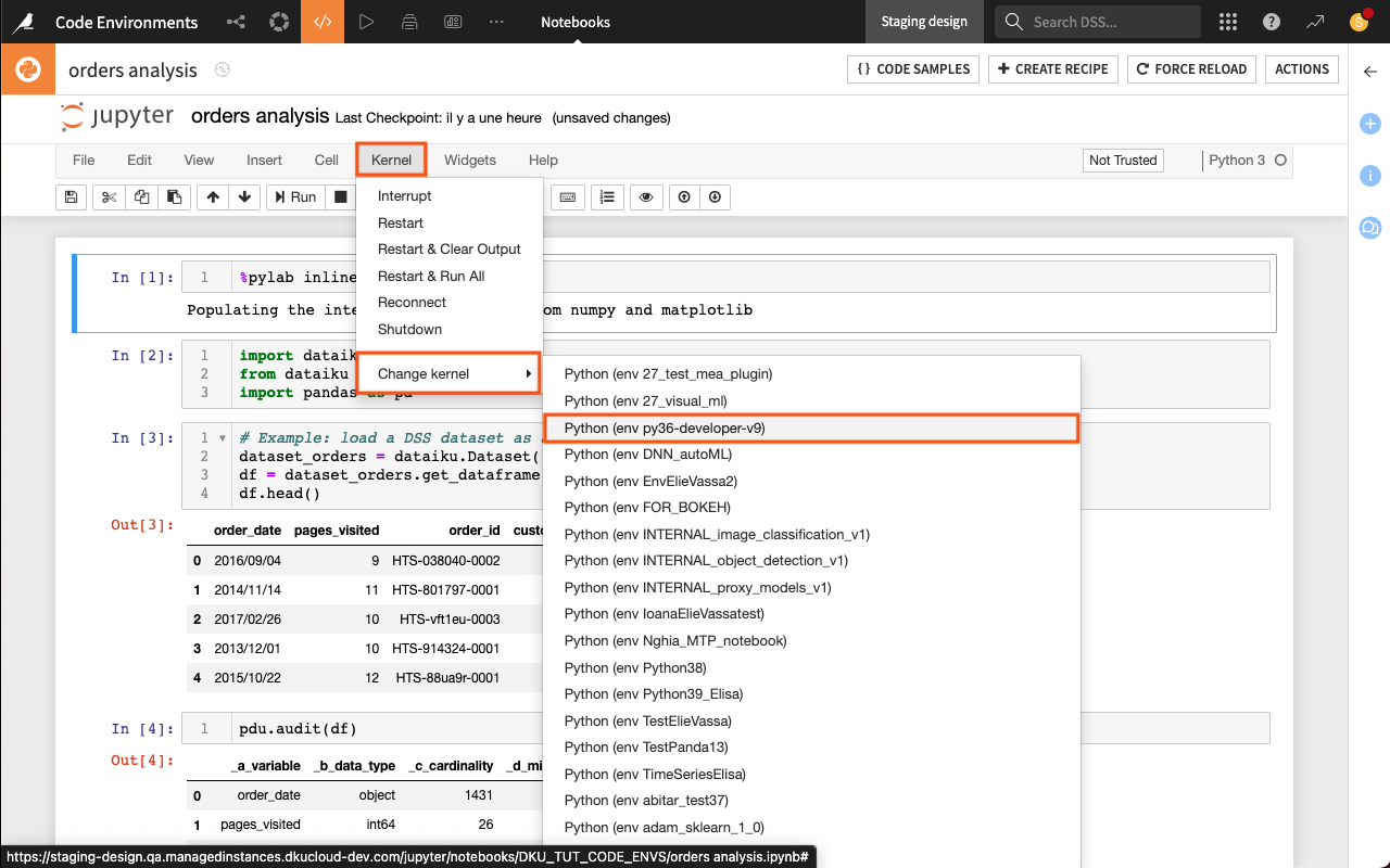 Dataiku screenshot of a Python notebook choosing a kernel.