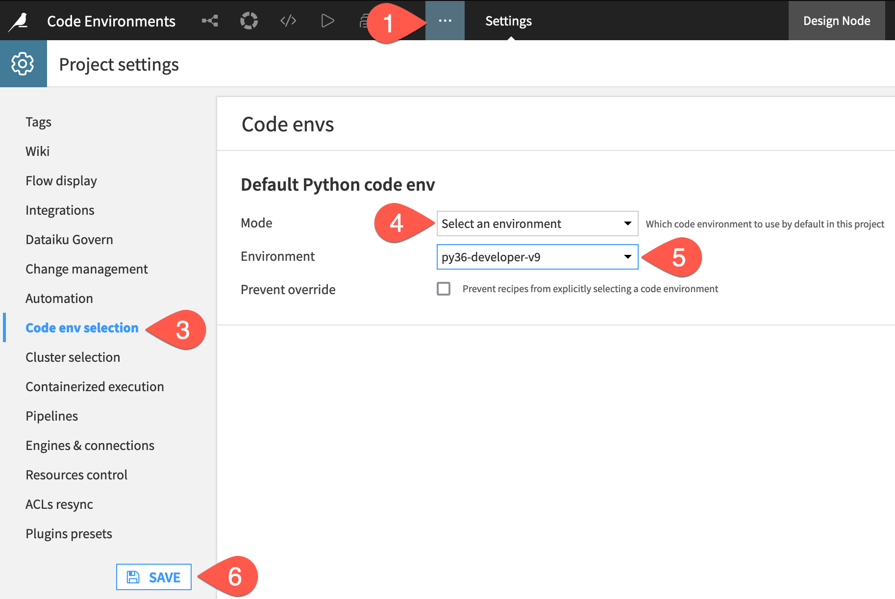 Dataiku screenshot of the code environment selection setting within a project.