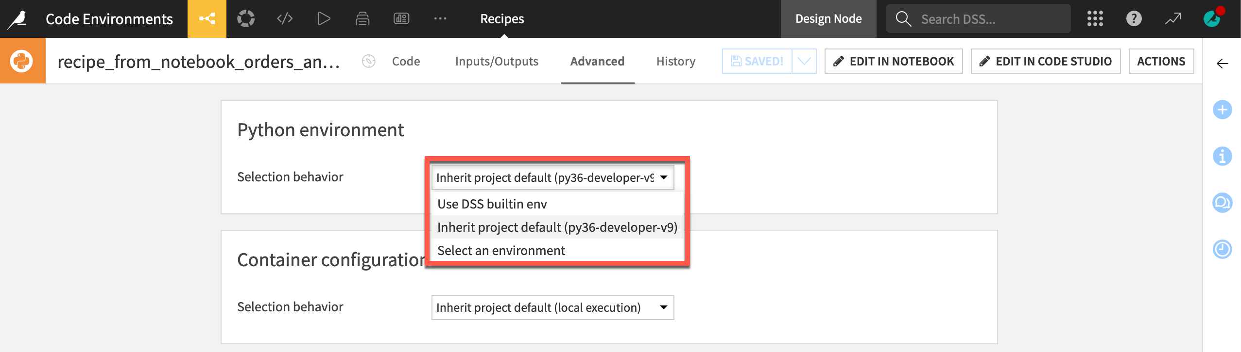 Dataiku screenshot of the advanced tab of a Python recipe to select a code environment.
