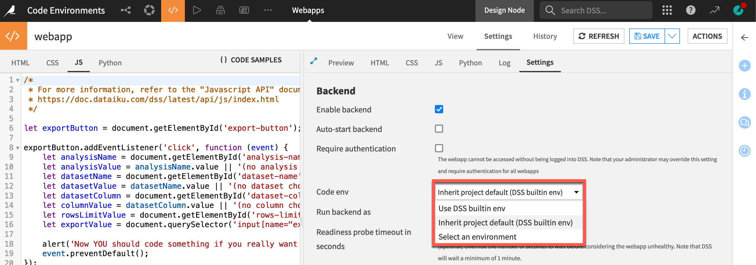 Dataiku screenshot of the Settings tab of a webapp.