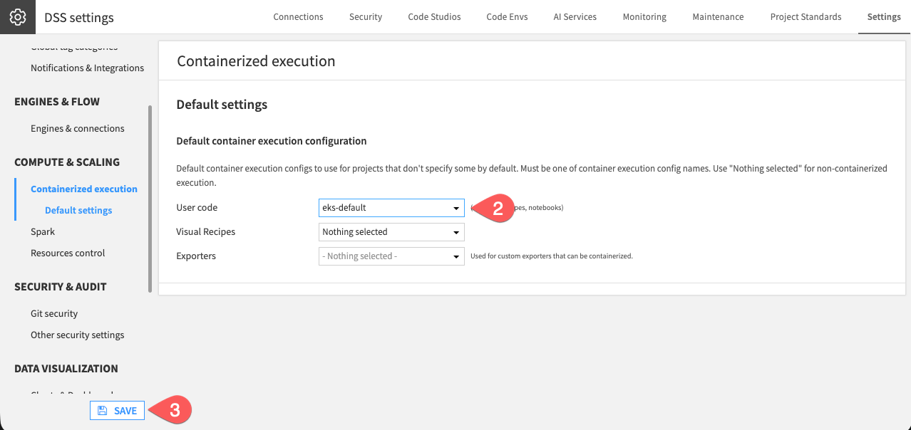 Screenshot of the default settings of the containerized execution panel in Dataiku Cloud.