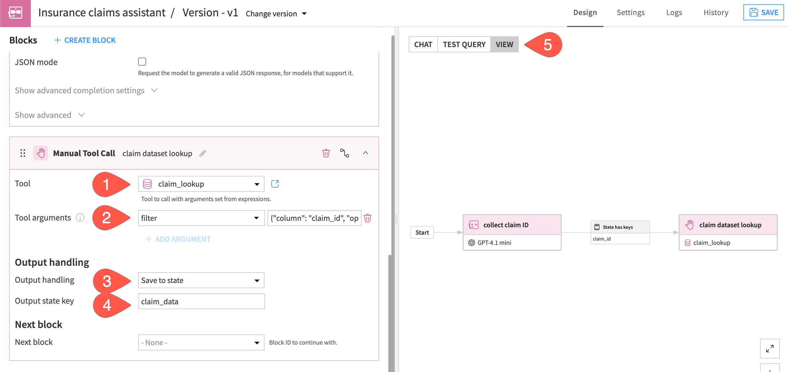 Dataiku screenshot showing the settings for the Manual Tool Call block.