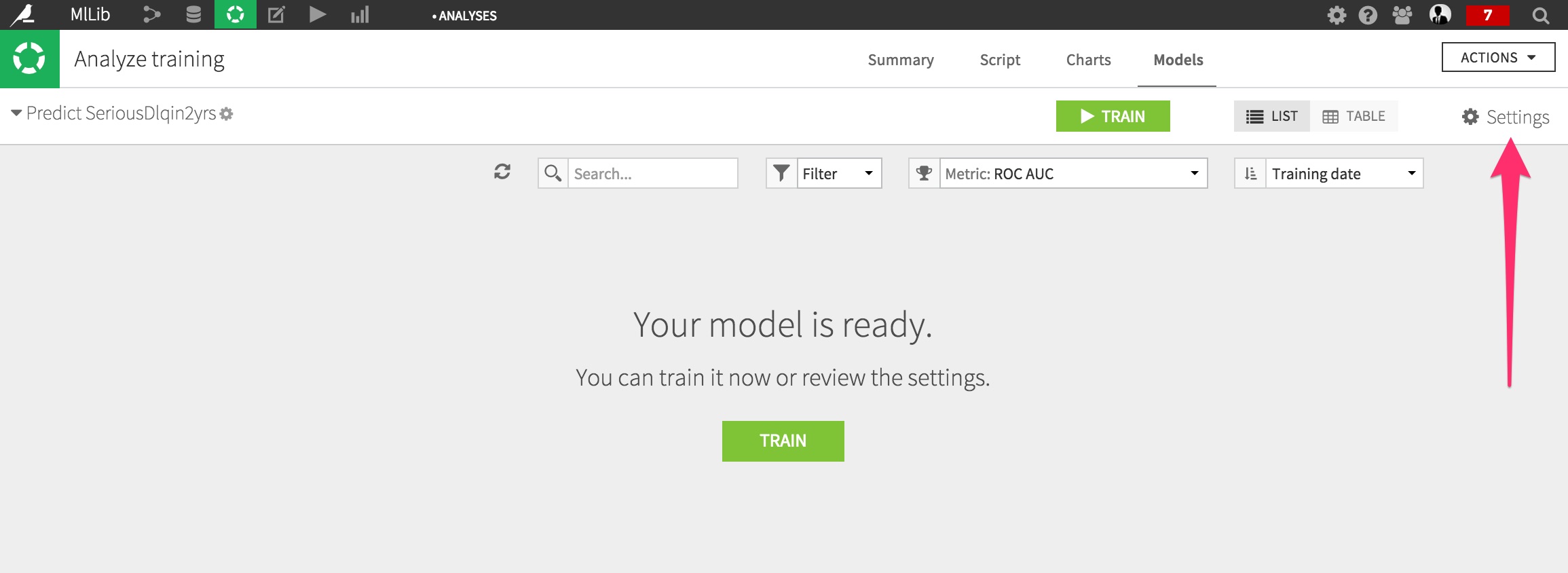 Where to find the Settings of a new prediction model.