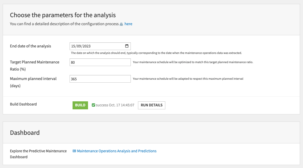 Dataiku screenshot of the Project Setup Application for Maintenance Performance and Planning