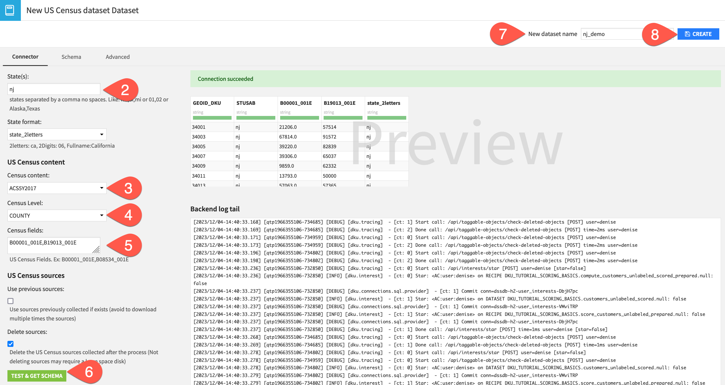 Dataiku screenshot of the dialog for downloading a US census dataset.