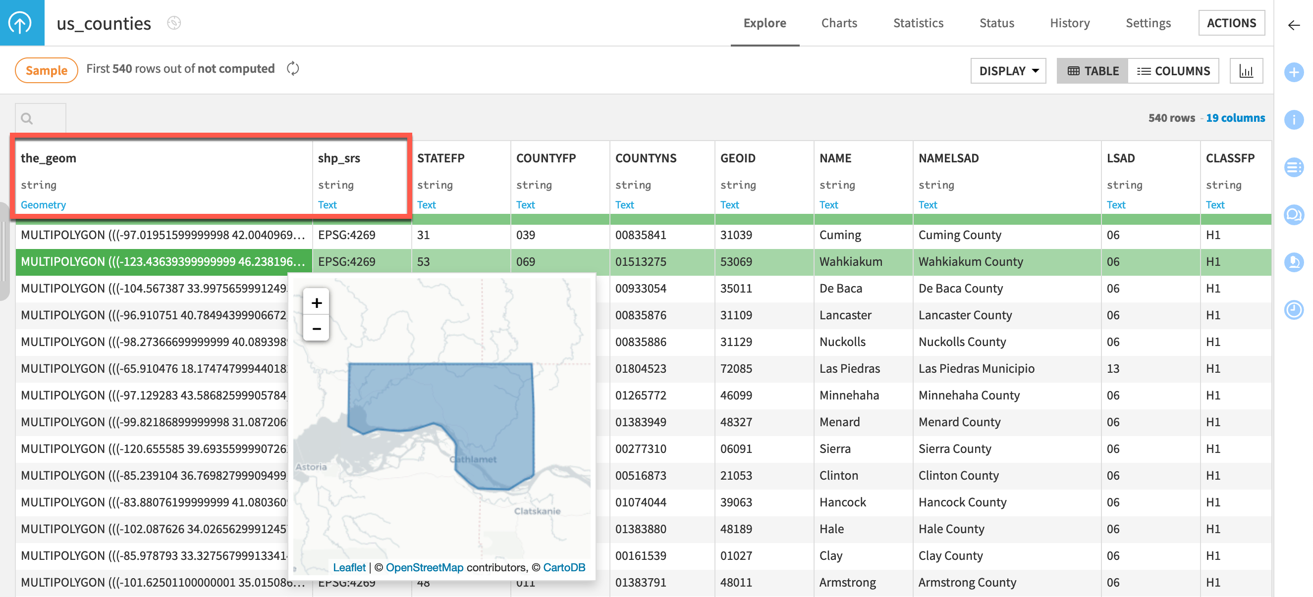 Dataiku screenshot of a preview of a geometry column.