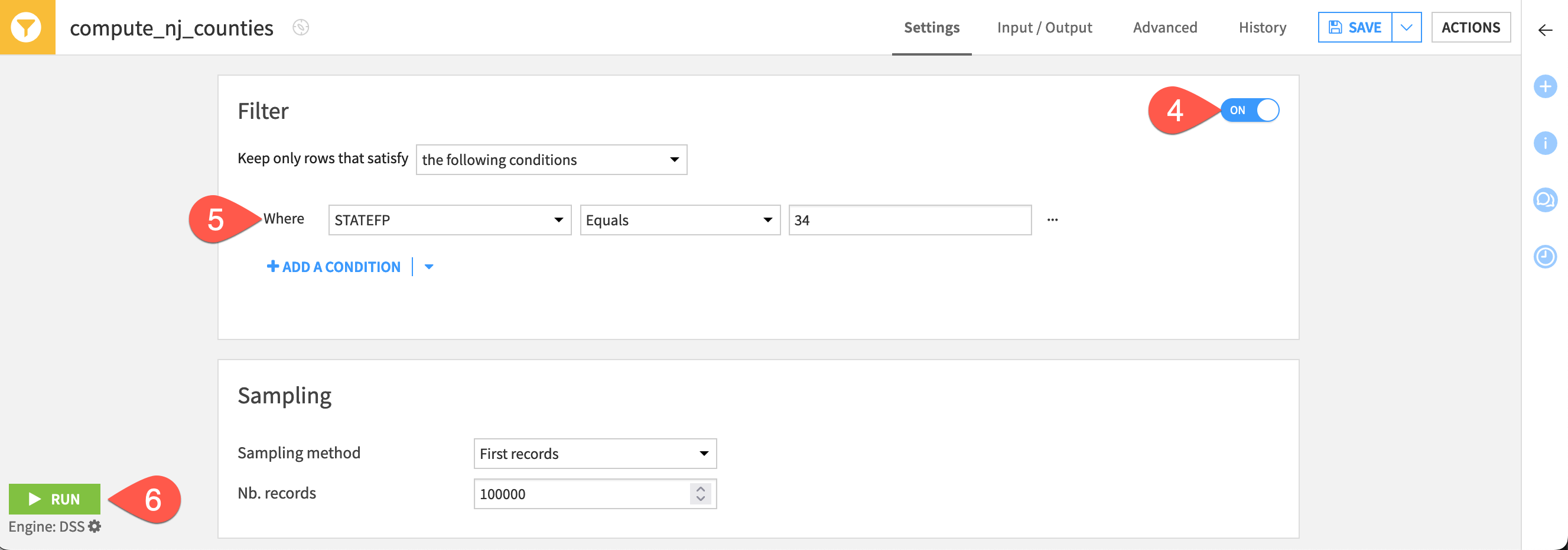 Dataiku screenshot of the Filter recipe settings.
