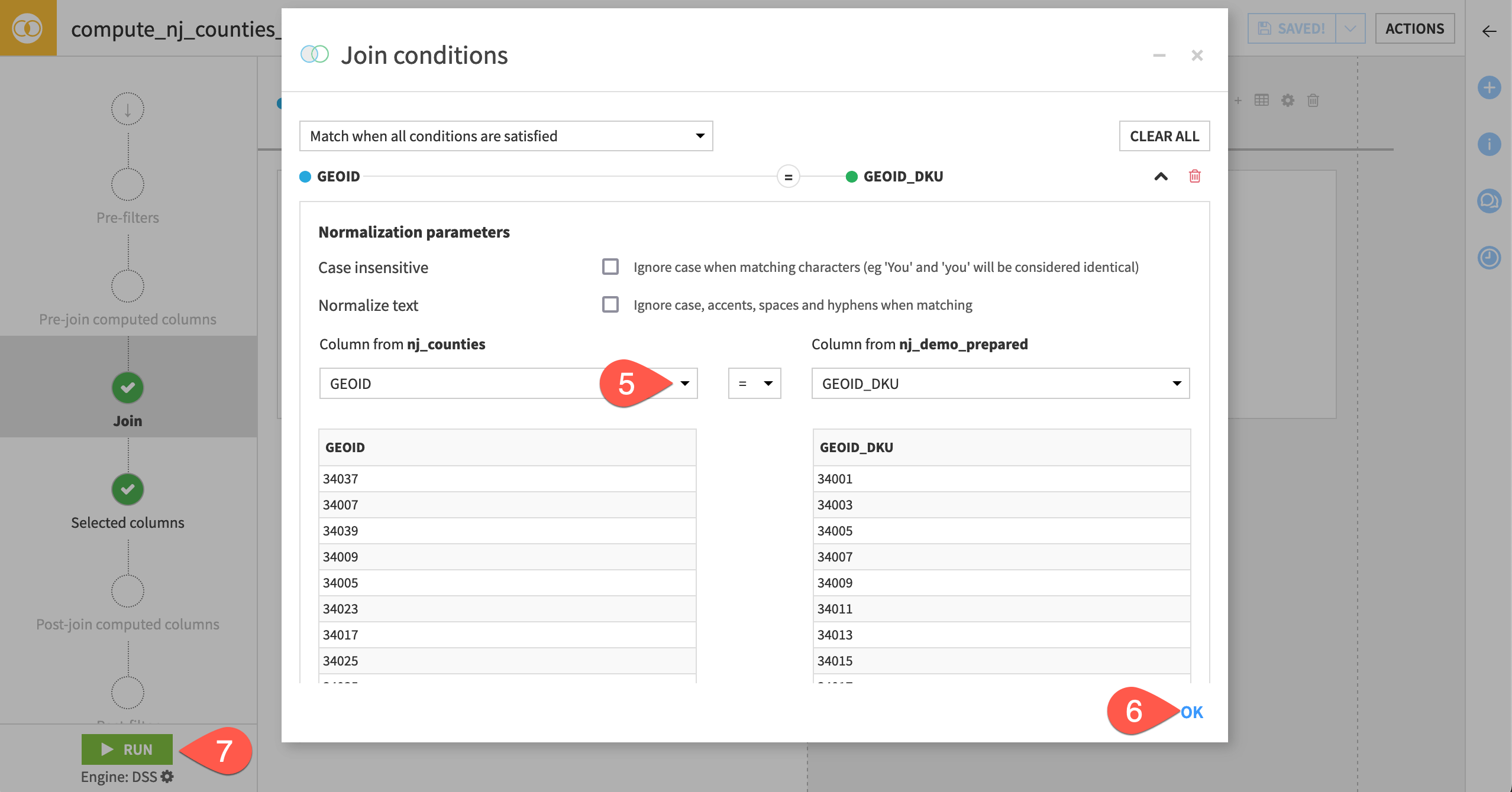 Dataiku screenshot of the join condition of a Join recipe.