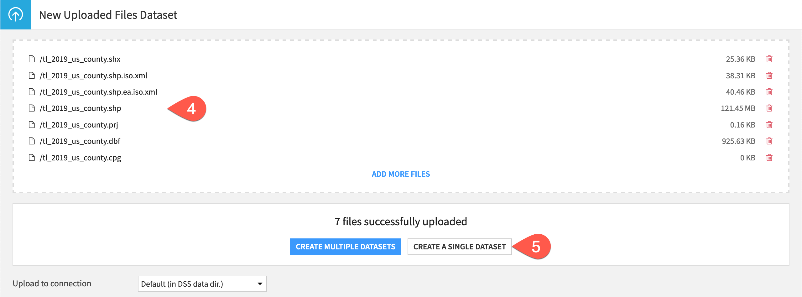 Dataiku screenshot of a shapefile upload screen.