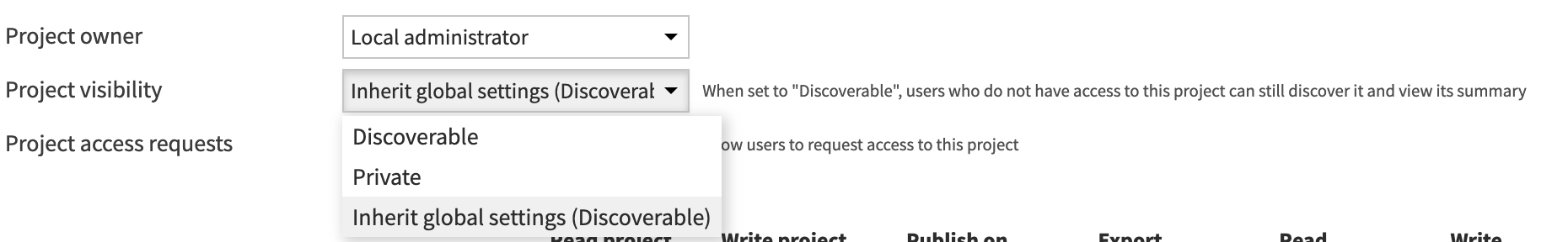 Project access and request settings on the Security page.