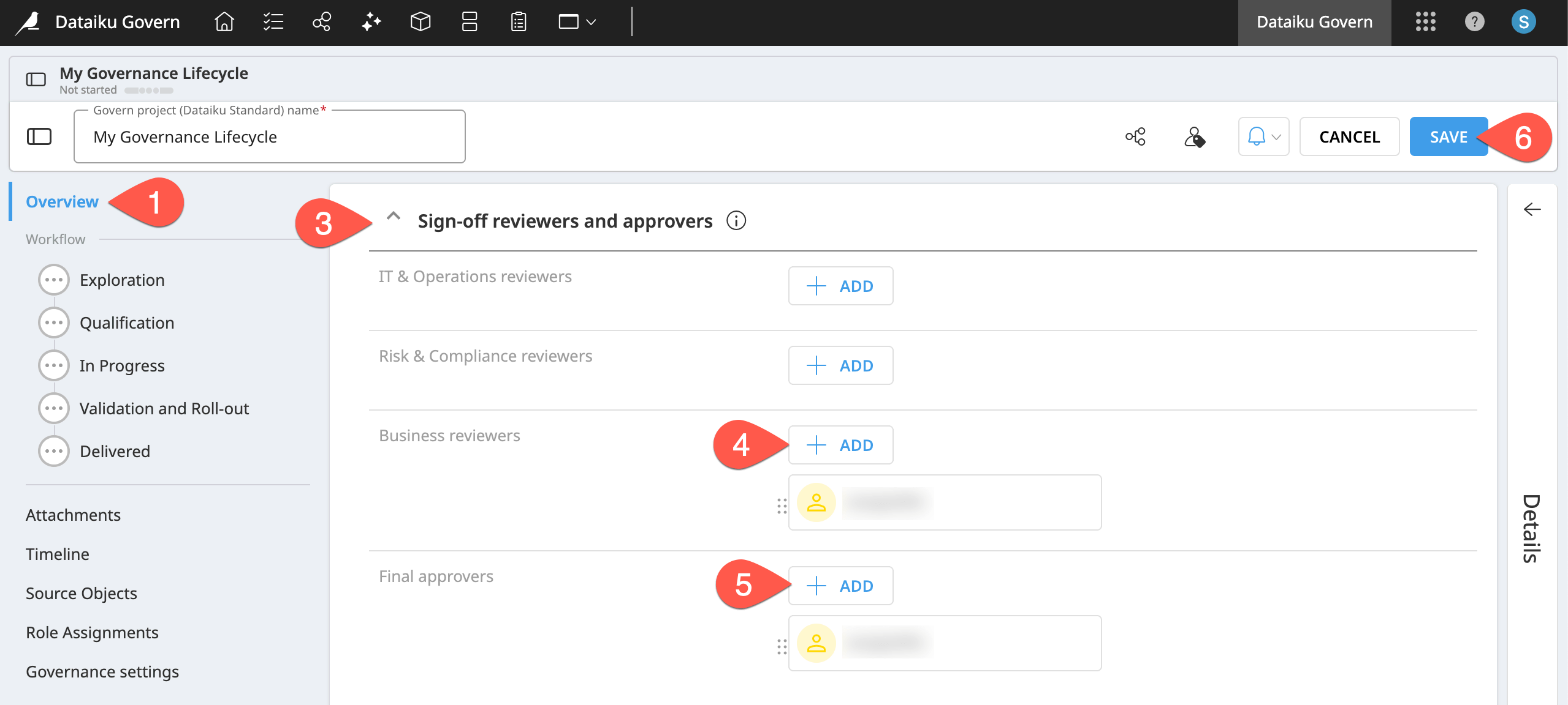 Dataiku screenshot of the sign-off reviewers section of a governed project.