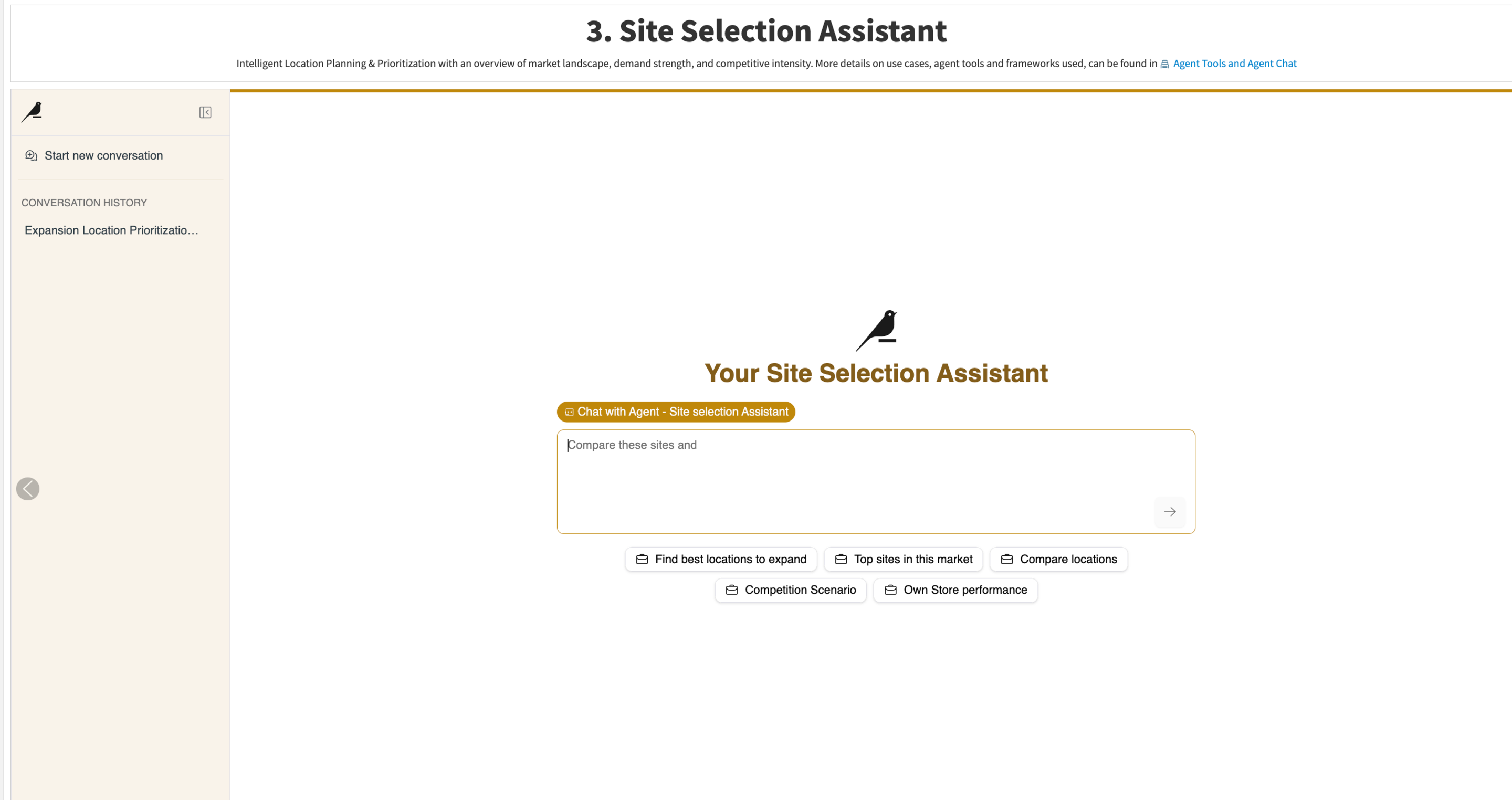 Dataiku screenshot of the Site Selection Assistant in Agent Chat.