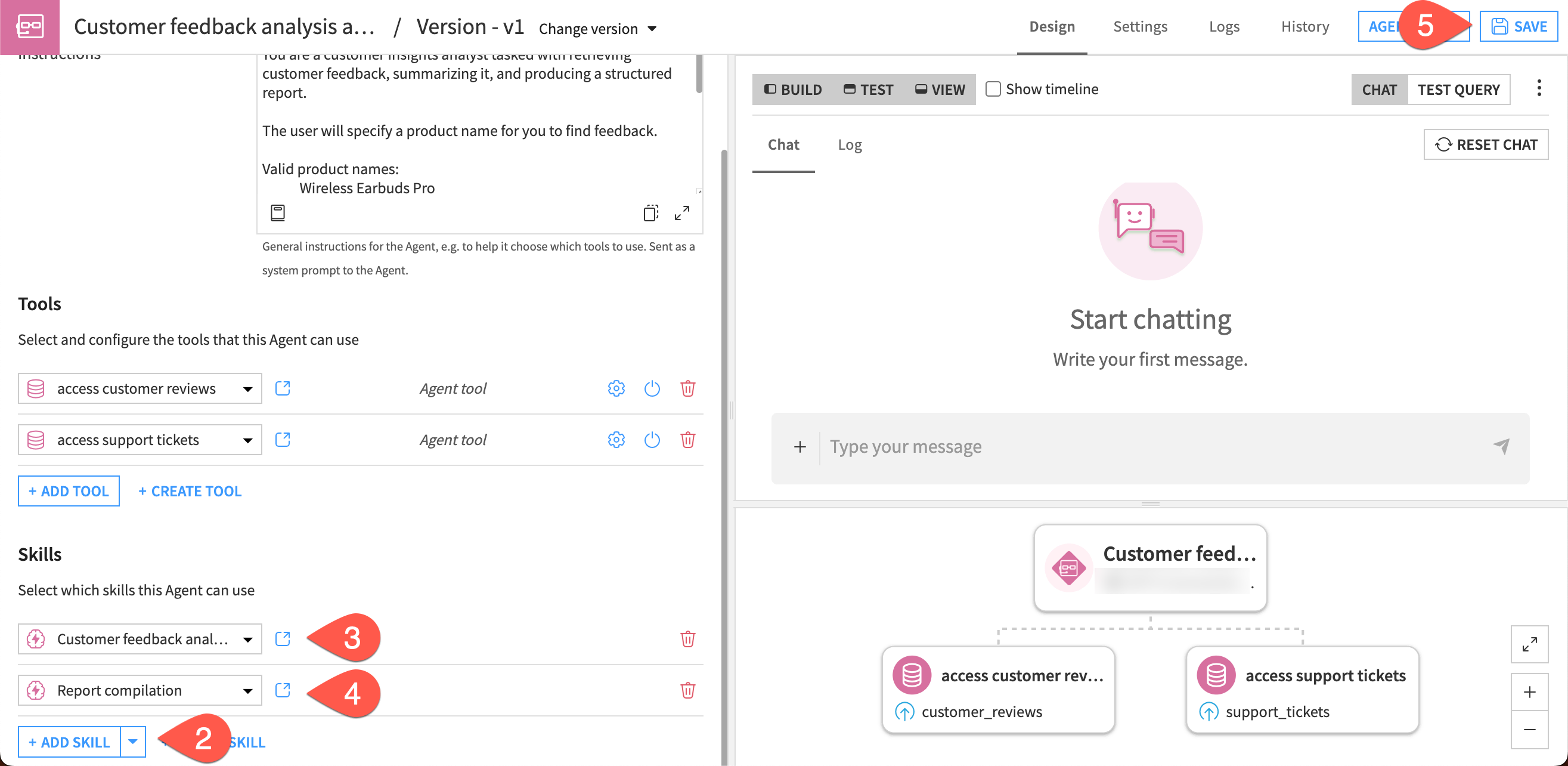 Screenshot showing steps to add skills to the agent.