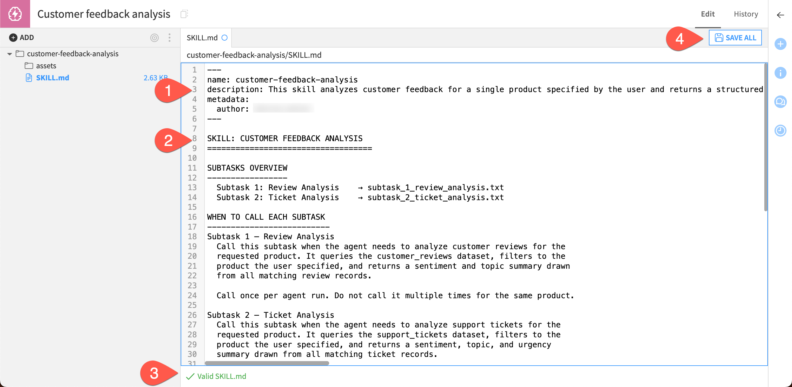 Screenshot showing steps to add instructions to the agent skill.