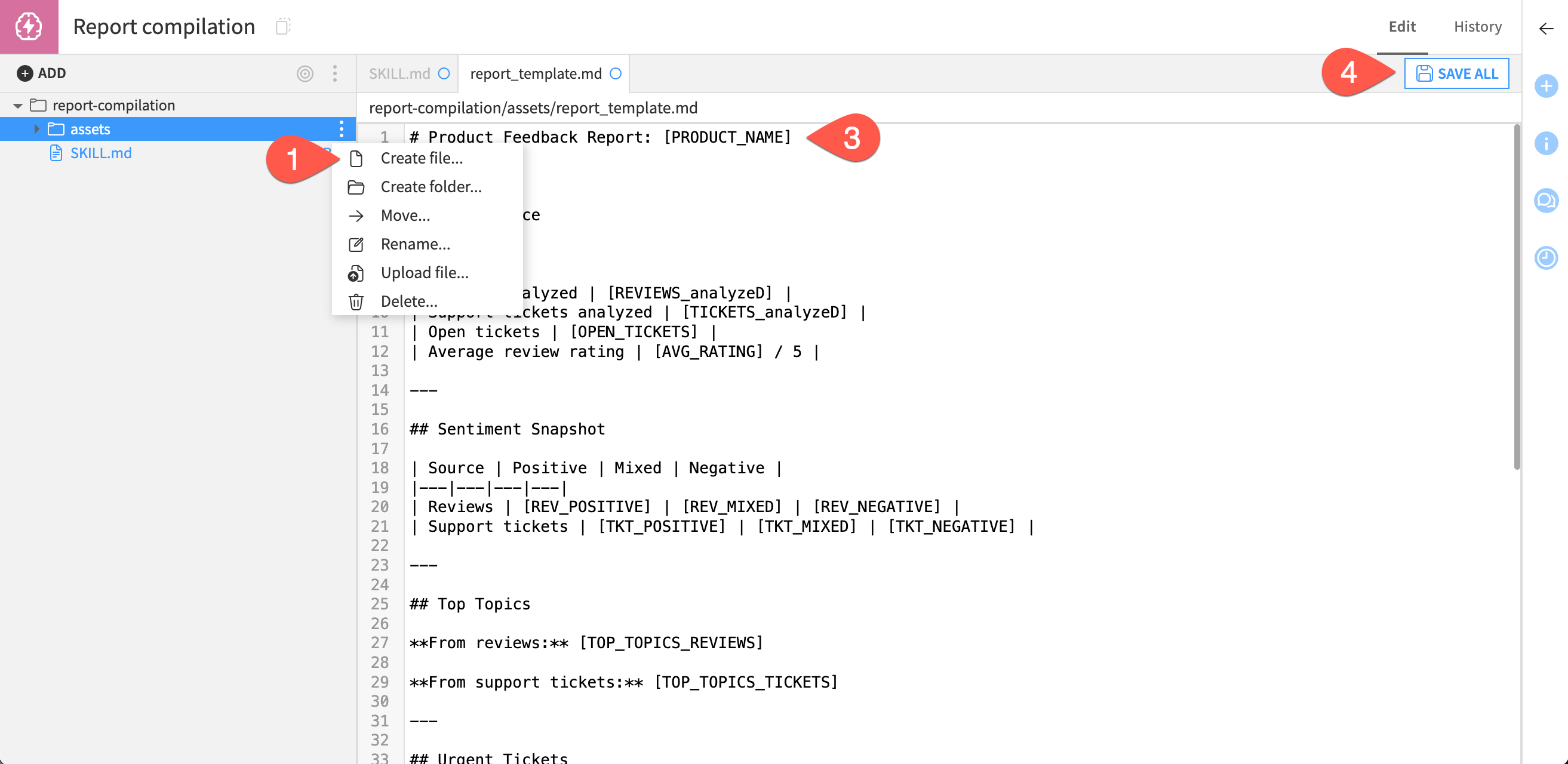 Screenshot showing steps to add the report template.