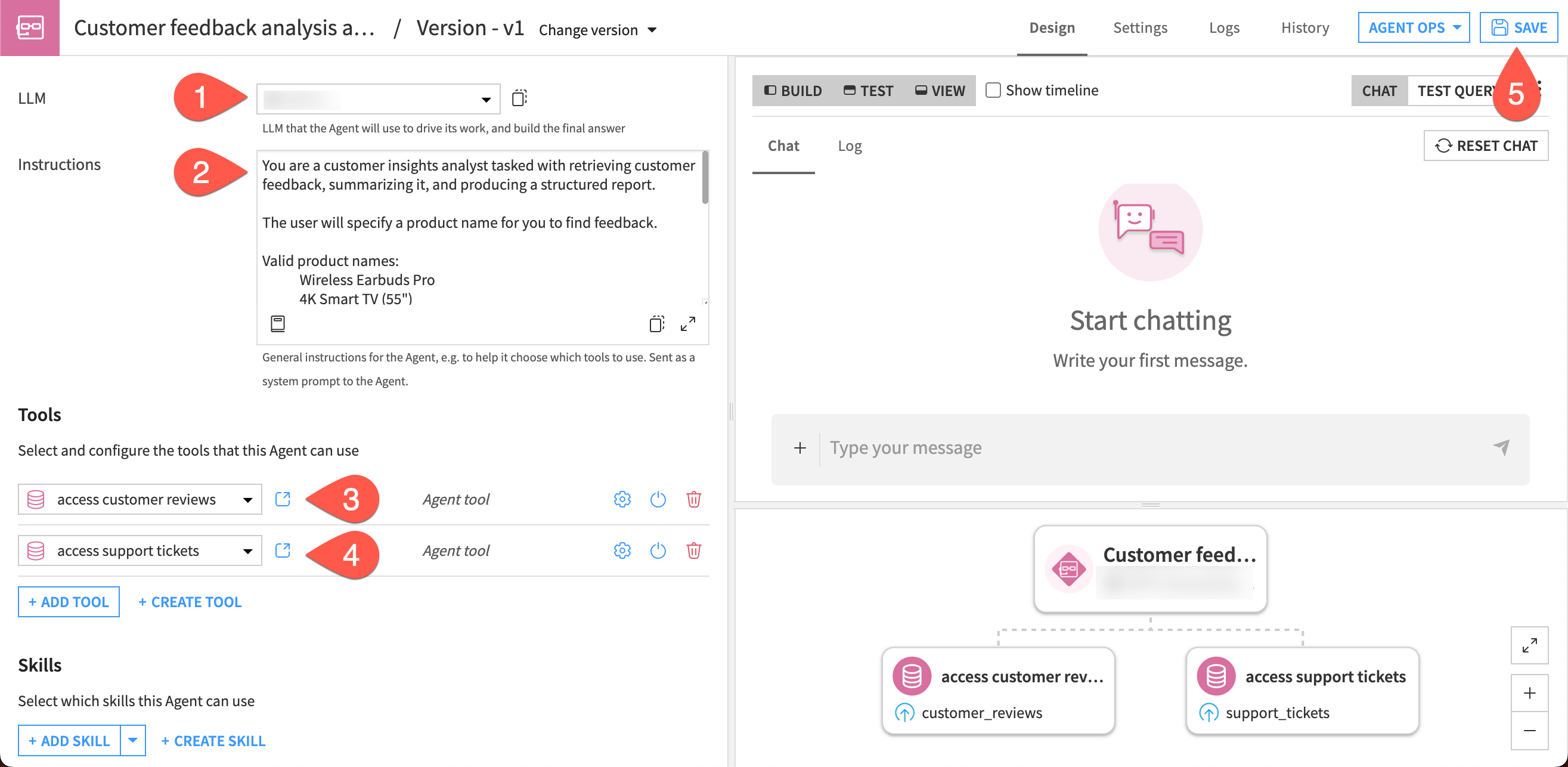 Screenshot showing steps to add instructions and tools to the agent.
