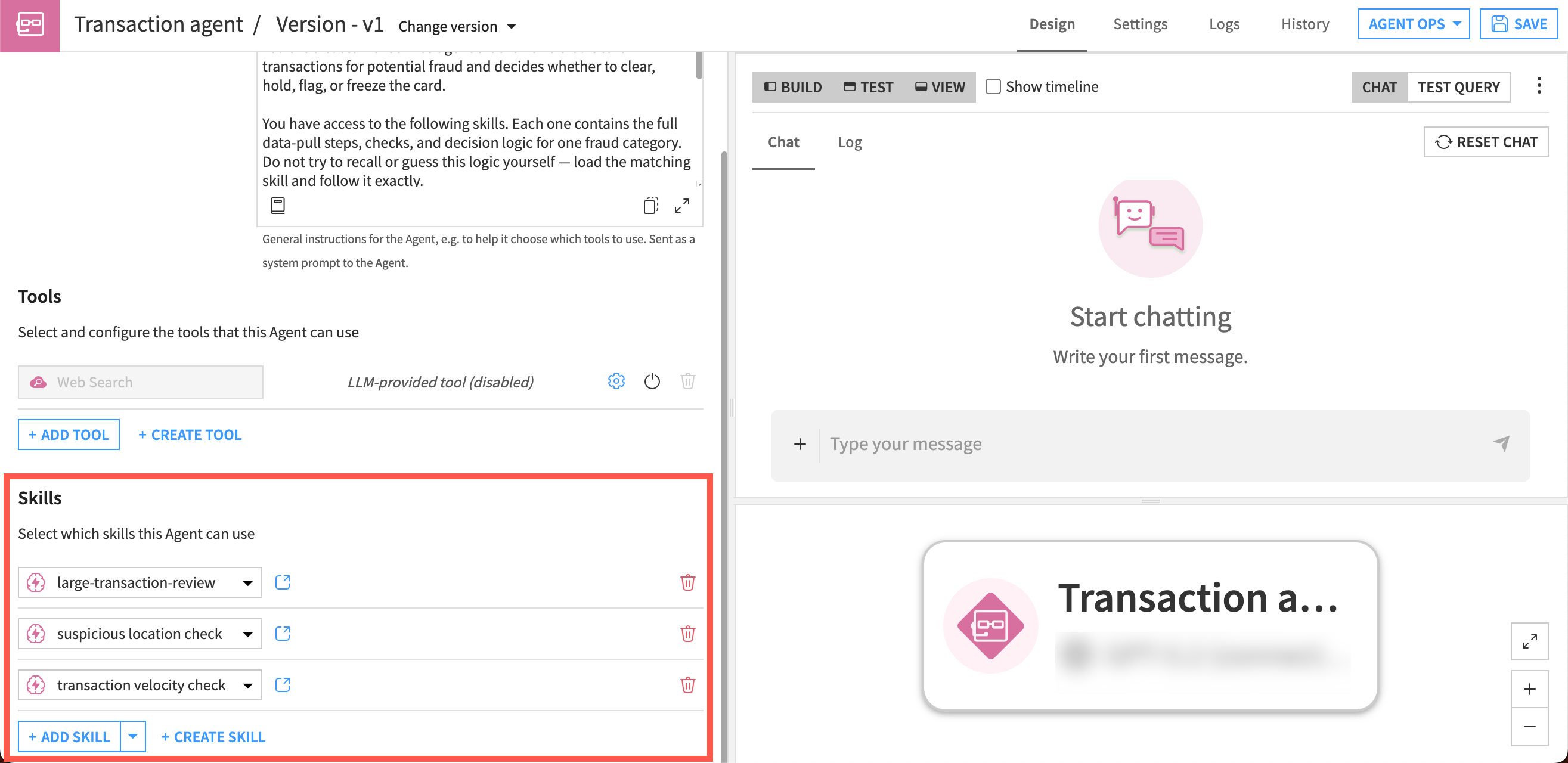 Screenshot showing how to add a skill in a Simple Visual Agent.