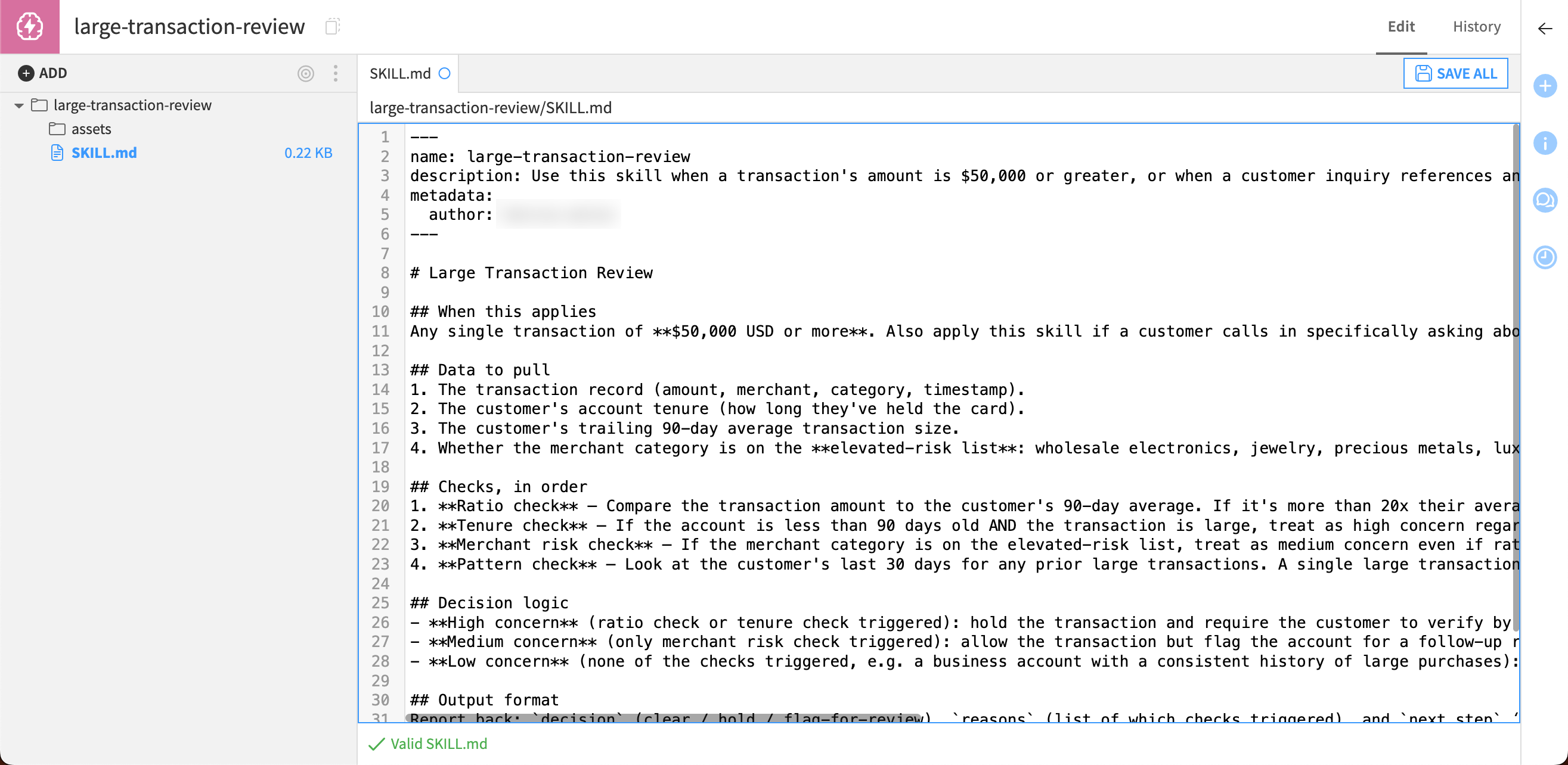 Concept image showing an example agent skill instructing an agent how to classify credit card transactions.