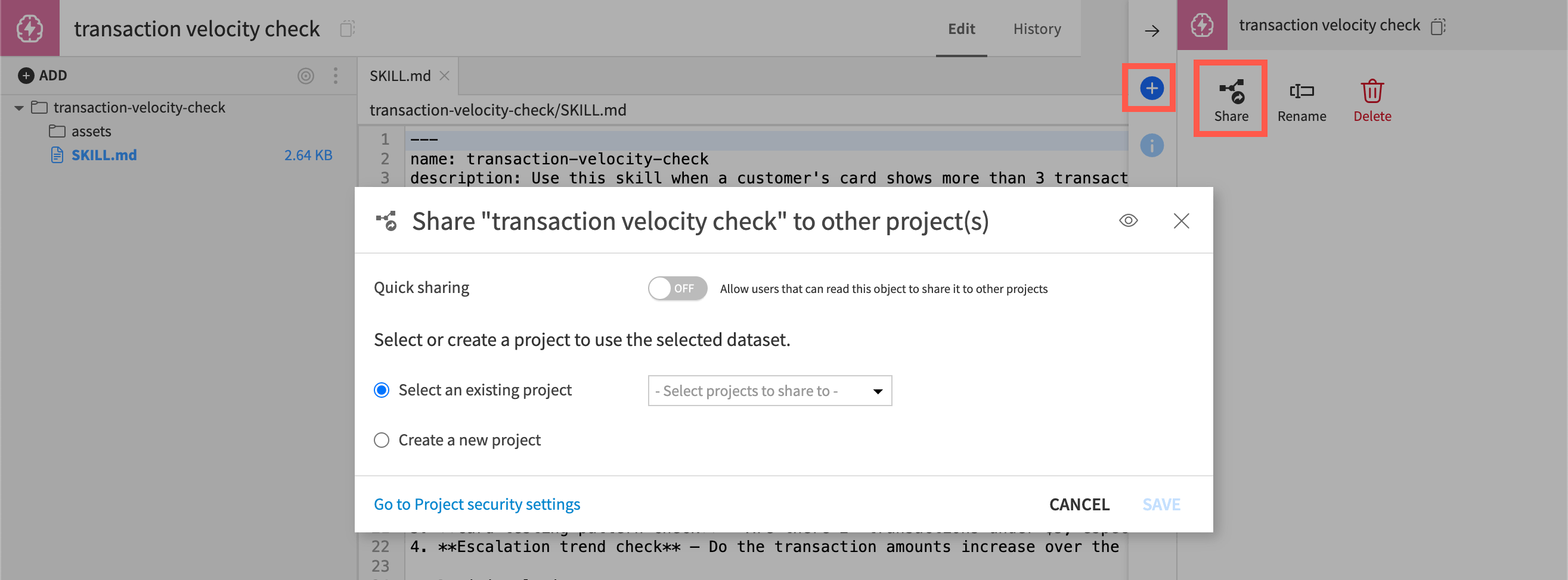 Screenshot showing how to share a skill to another Dataiku project.