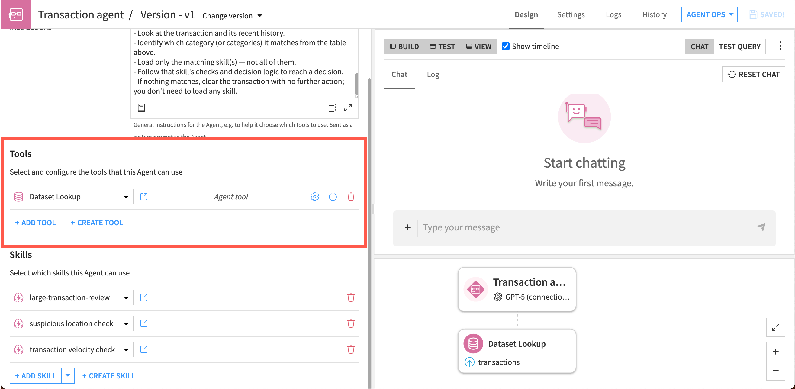 Screenshot showing skills and tools in the same agent.