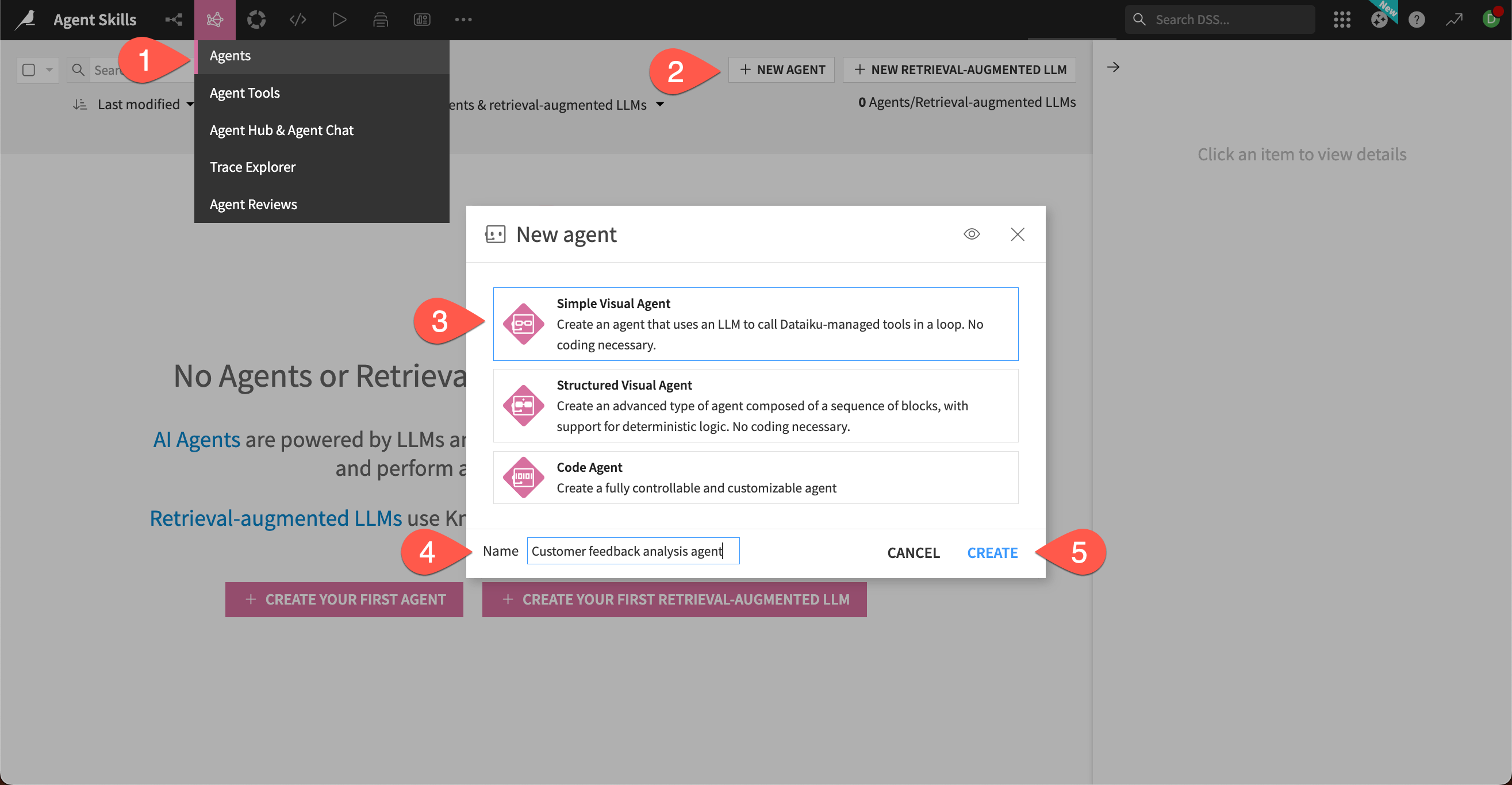Screenshot showing steps to create a new agent.
