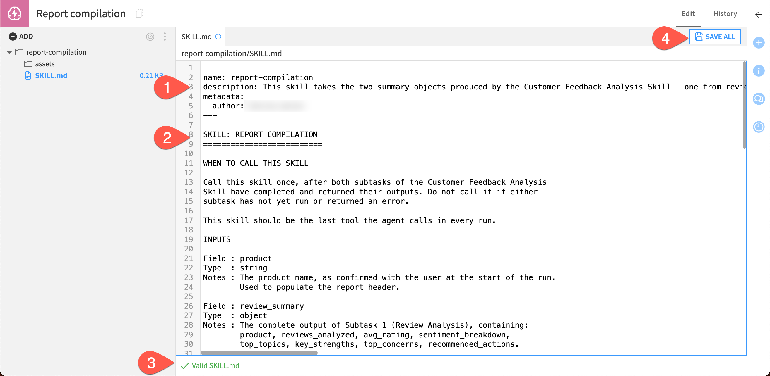 Screenshot showing steps to add the report compilation skill.