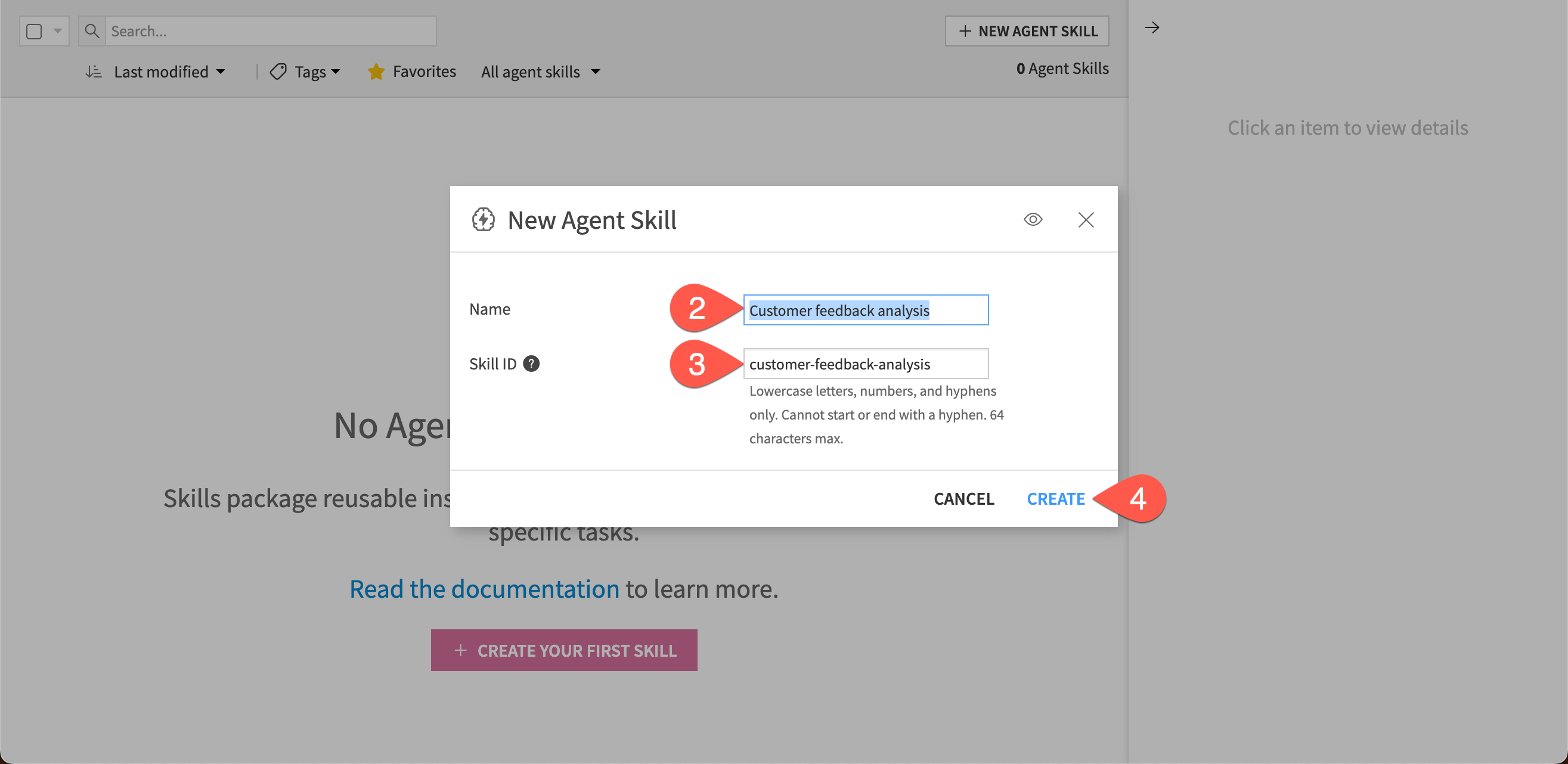 Screenshot showing steps to create a new agent skill.
