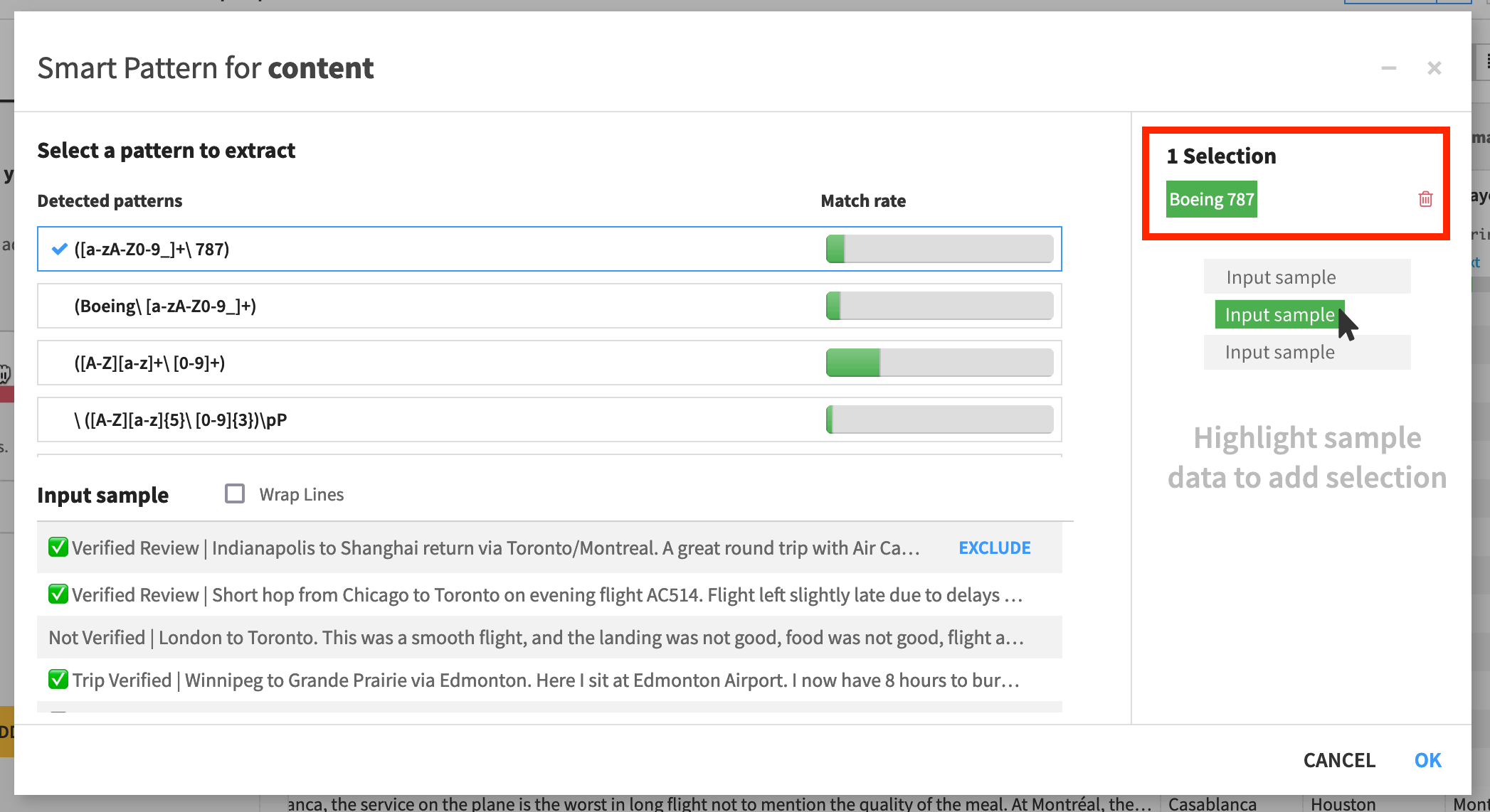 Dataiku screenshot of the smart pattern builder after making one selection.