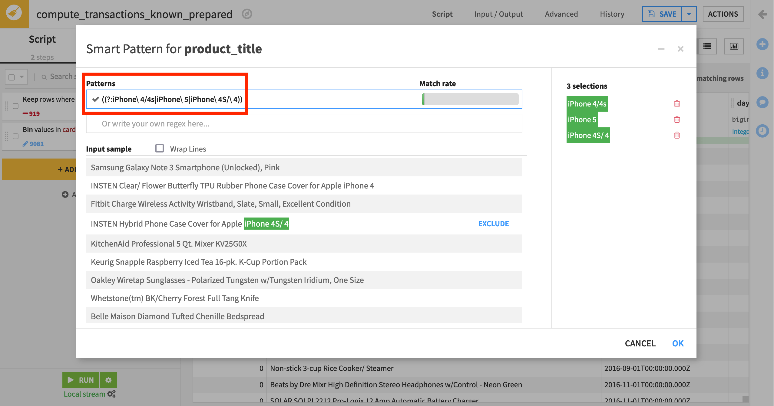 Dataiku screenshot of the smart pattern builder dialog.