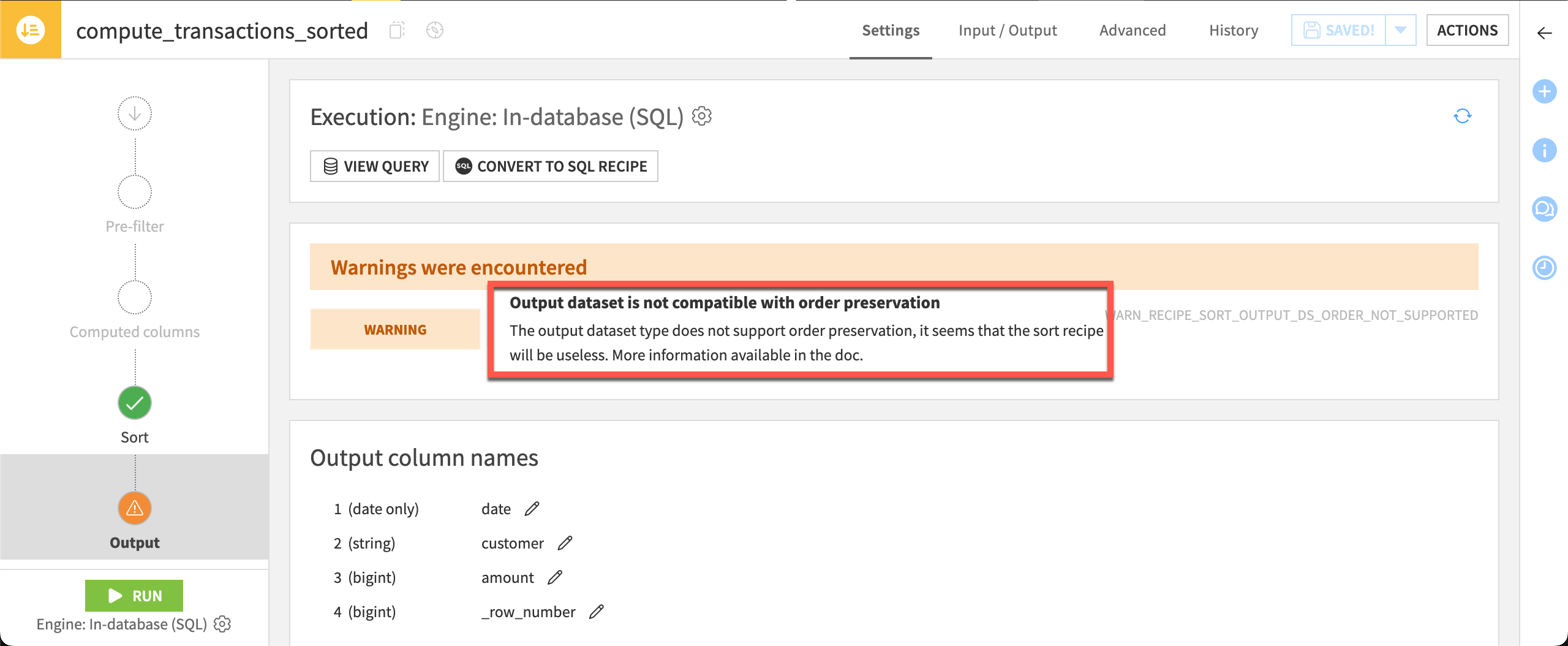 Dataiku screenshot of a warning using the Sort recipe on SQL data.