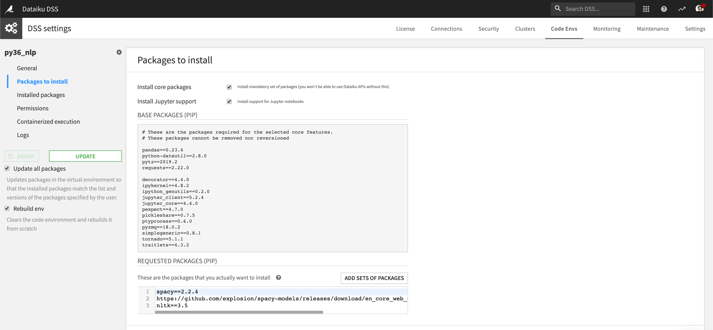 Dataiku screenshot of a Python code environment for NLP.