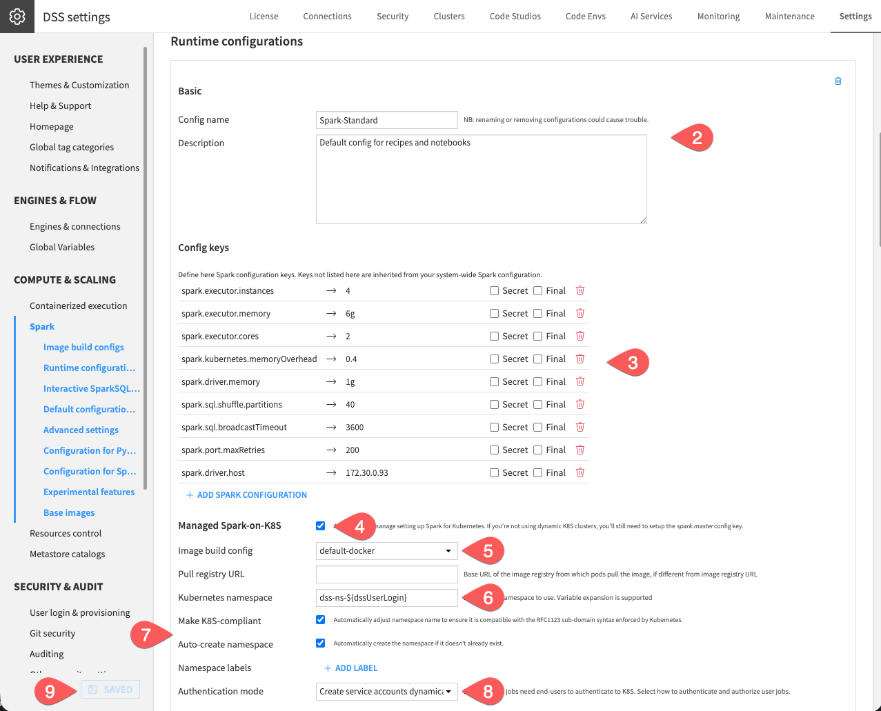 Screenshot of a Spark runtime configuration with the Managed Spark-on-K8S settings.