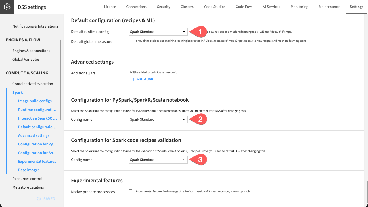 Screenshot of the Default configuration settings page.
