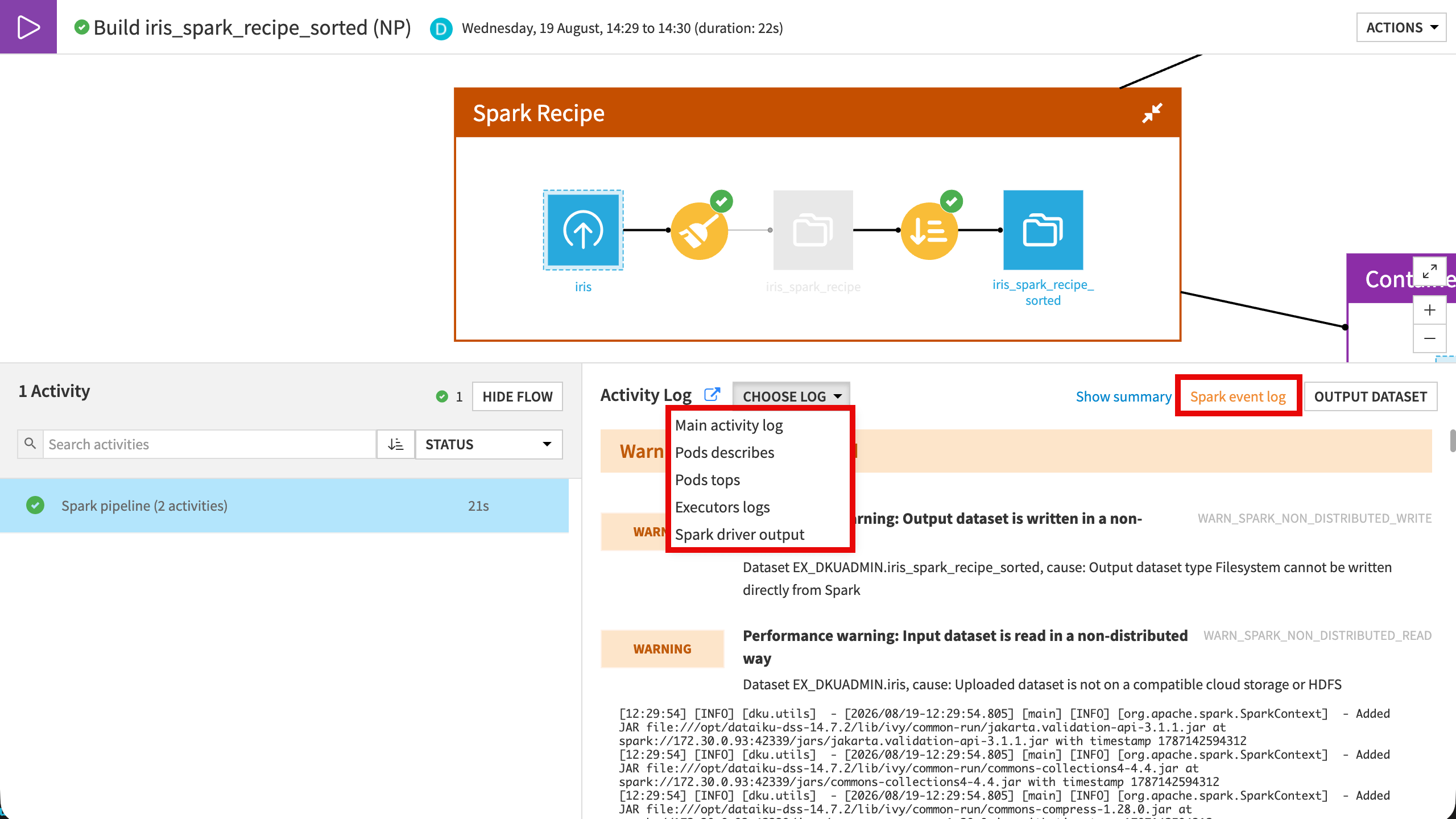 Screenshot of a job's activity log, with the Spark event log button.