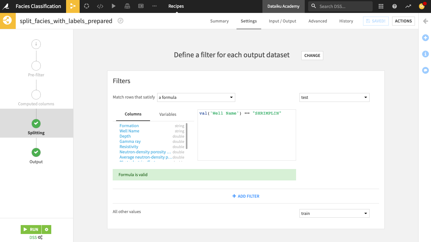 In the Split recipe, define the filter to separate data between the train and the test set.
