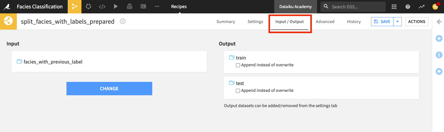 Change the input dataset in the Input/Output tab of the Split recipe.