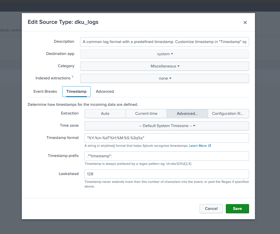 Splunk Source Type configuration.