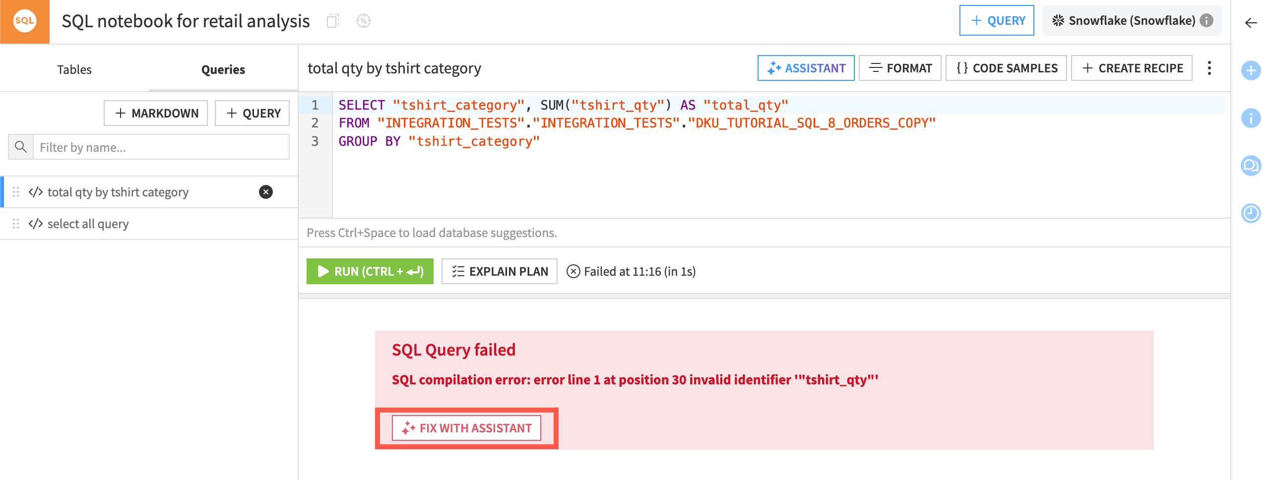 The SQL assistant can help fix SQL query errors.