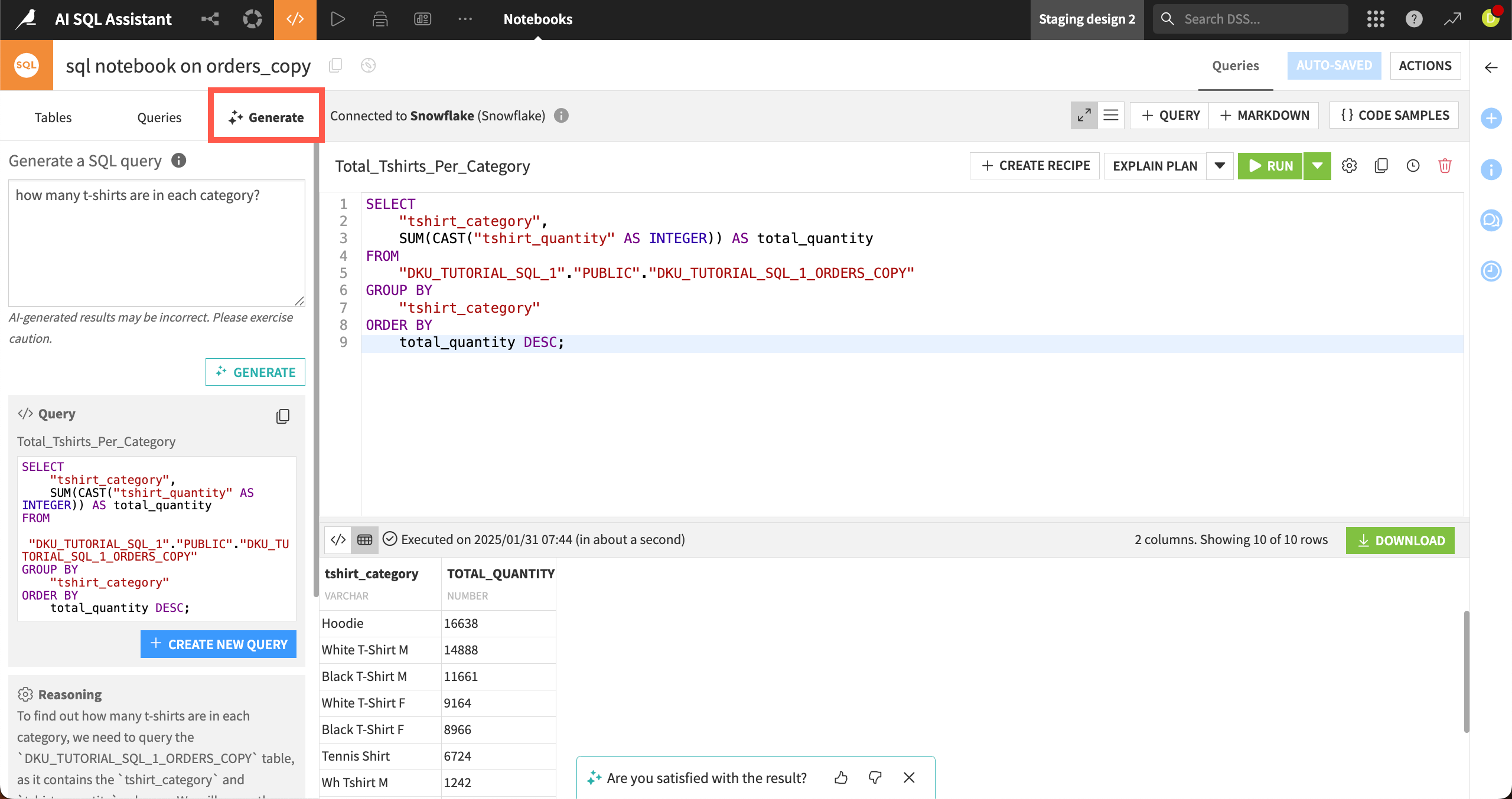 An example of the AI SQL Assistant in a SQL notebook.