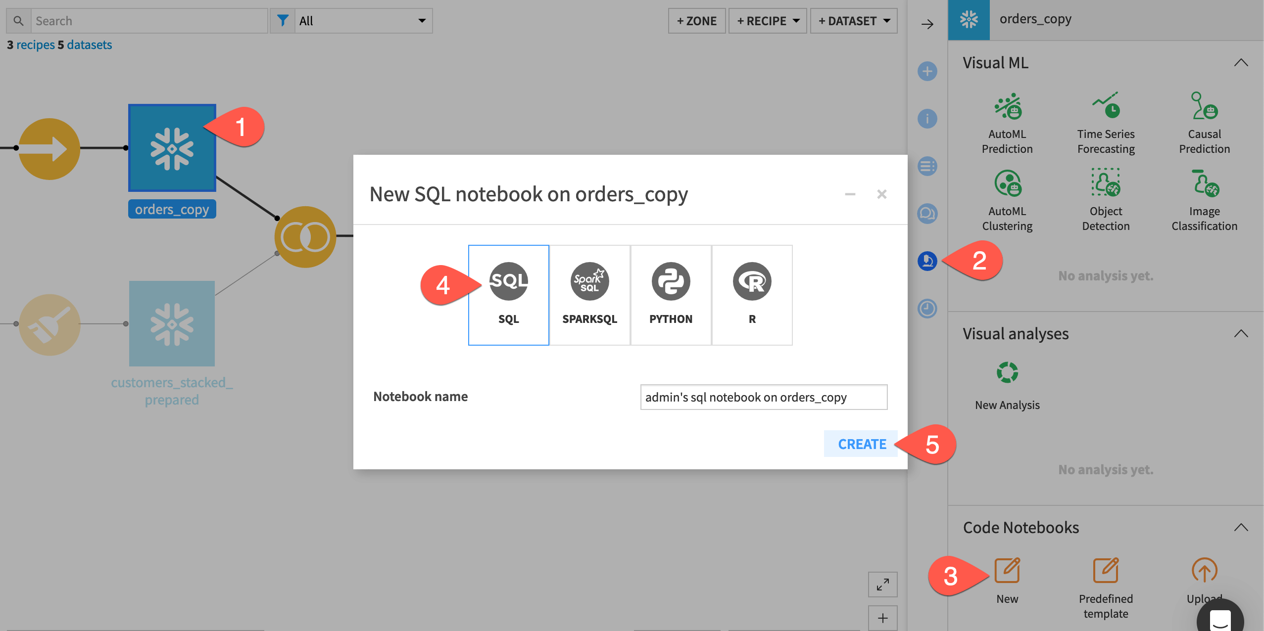 Dataiku screenshot of the dialog for creating a SQL notebook.