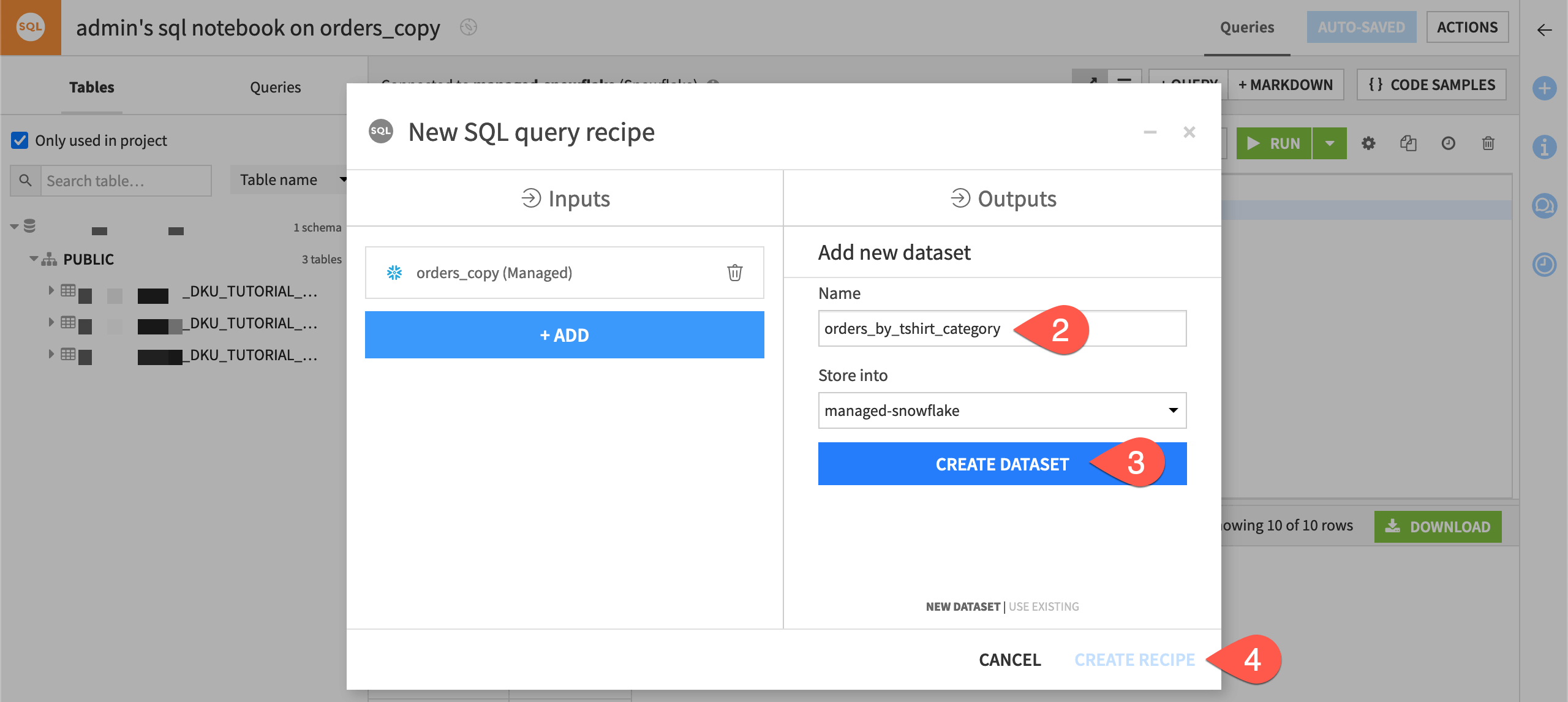 Dataiku screenshot of the dialog for a SQL query recipe.