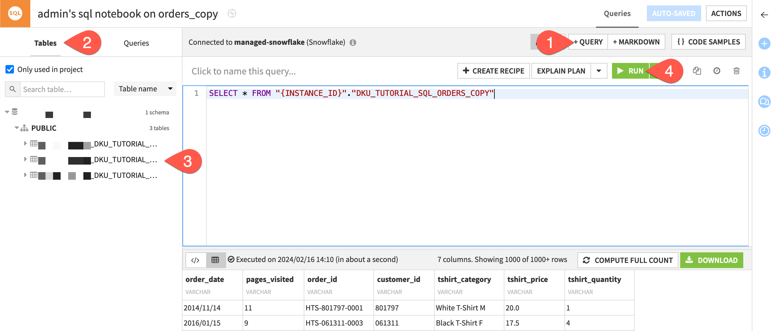 Dataiku screenshot of an SQL query in an SQL notebook.