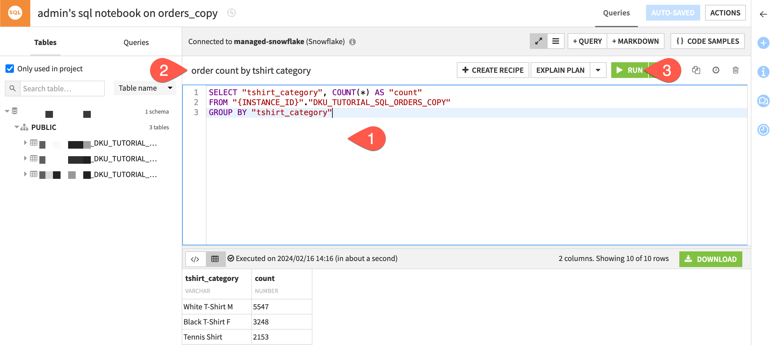 Dataiku screenshot of a SQL query in a SQL notebook.