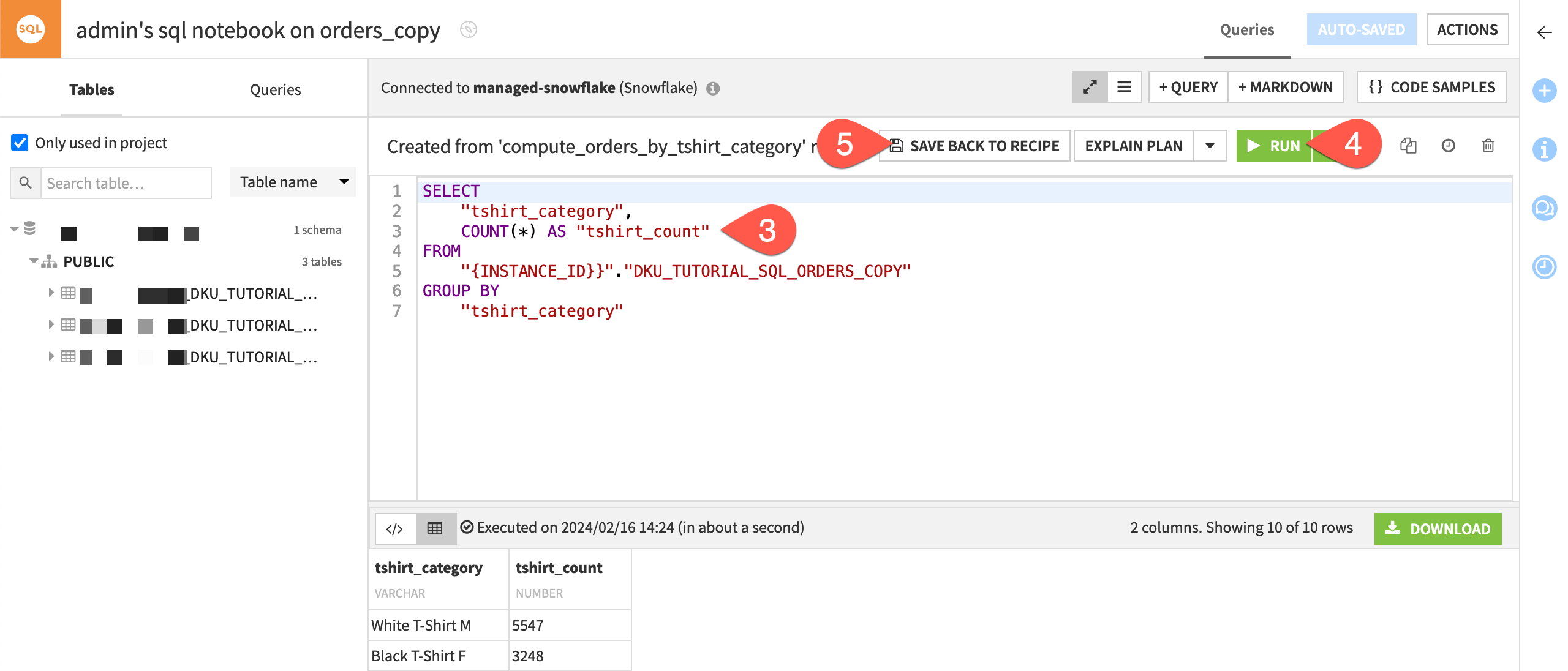 Dataiku screenshot of a SQL notebook.